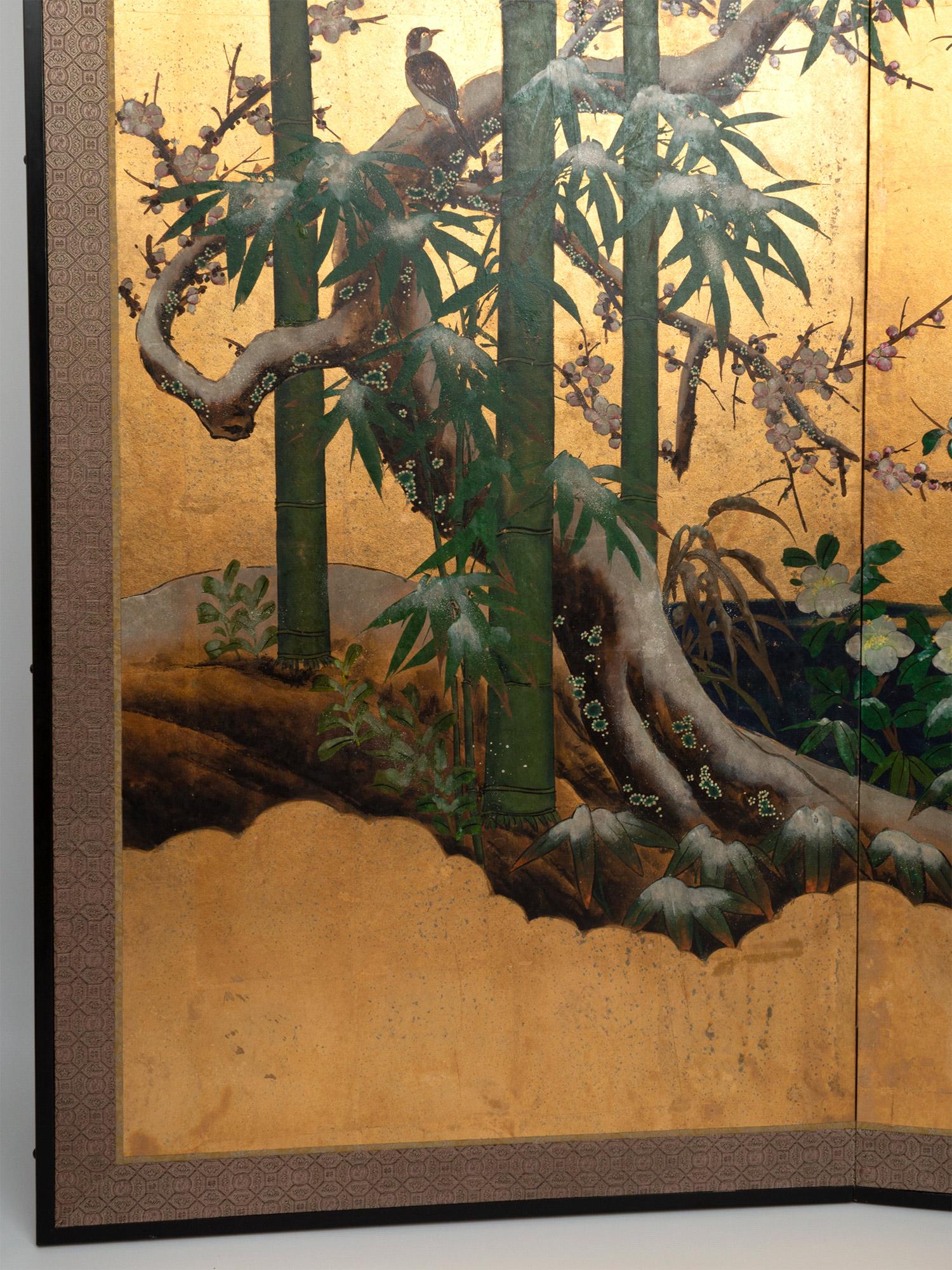 Silk Antique 19th Century Japanese Two-Panel Screen ‘Byobu’, Kano School, Edo Period For Sale