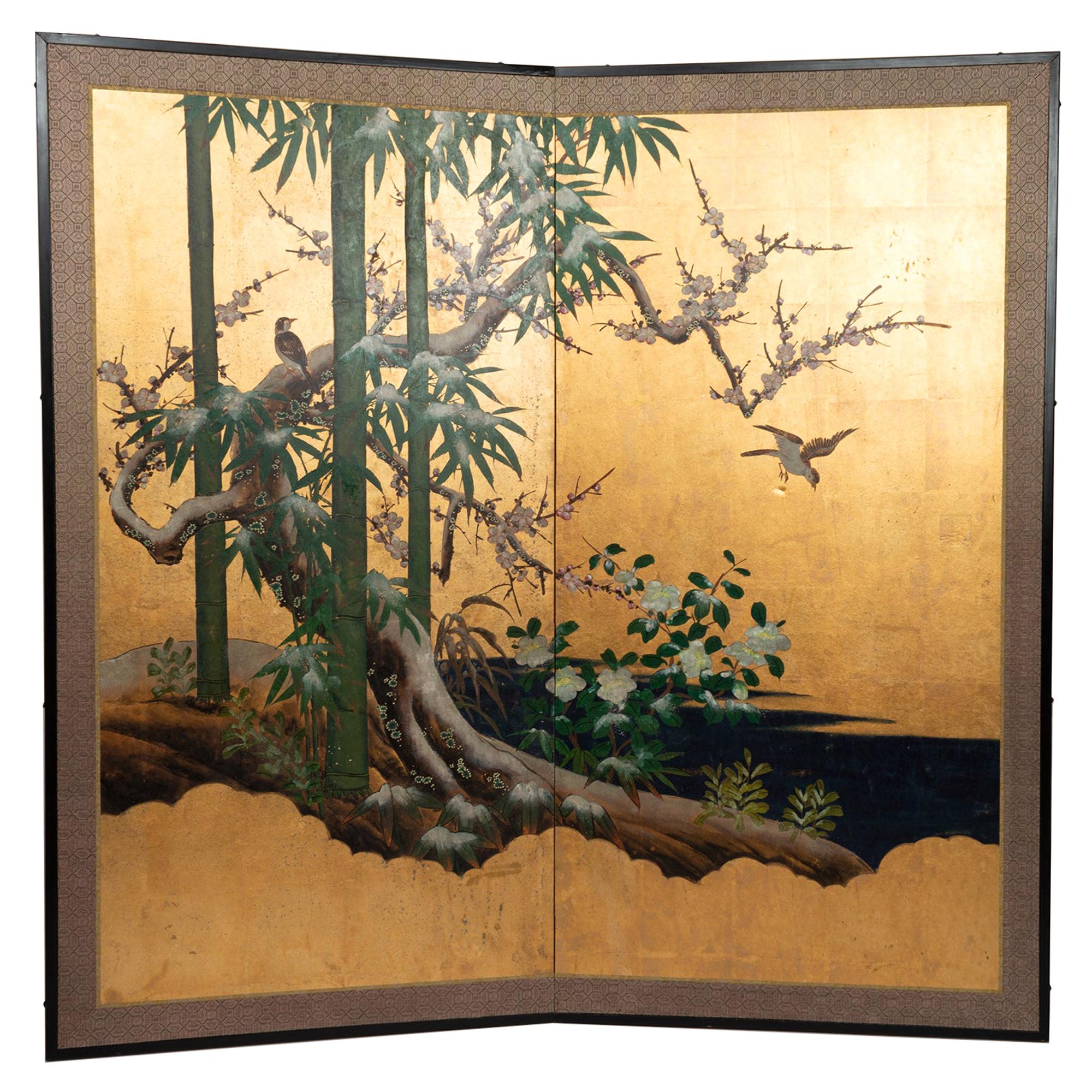 Antique 19th Century Japanese Two-Panel Screen ‘Byobu’, Kano School, Edo Period