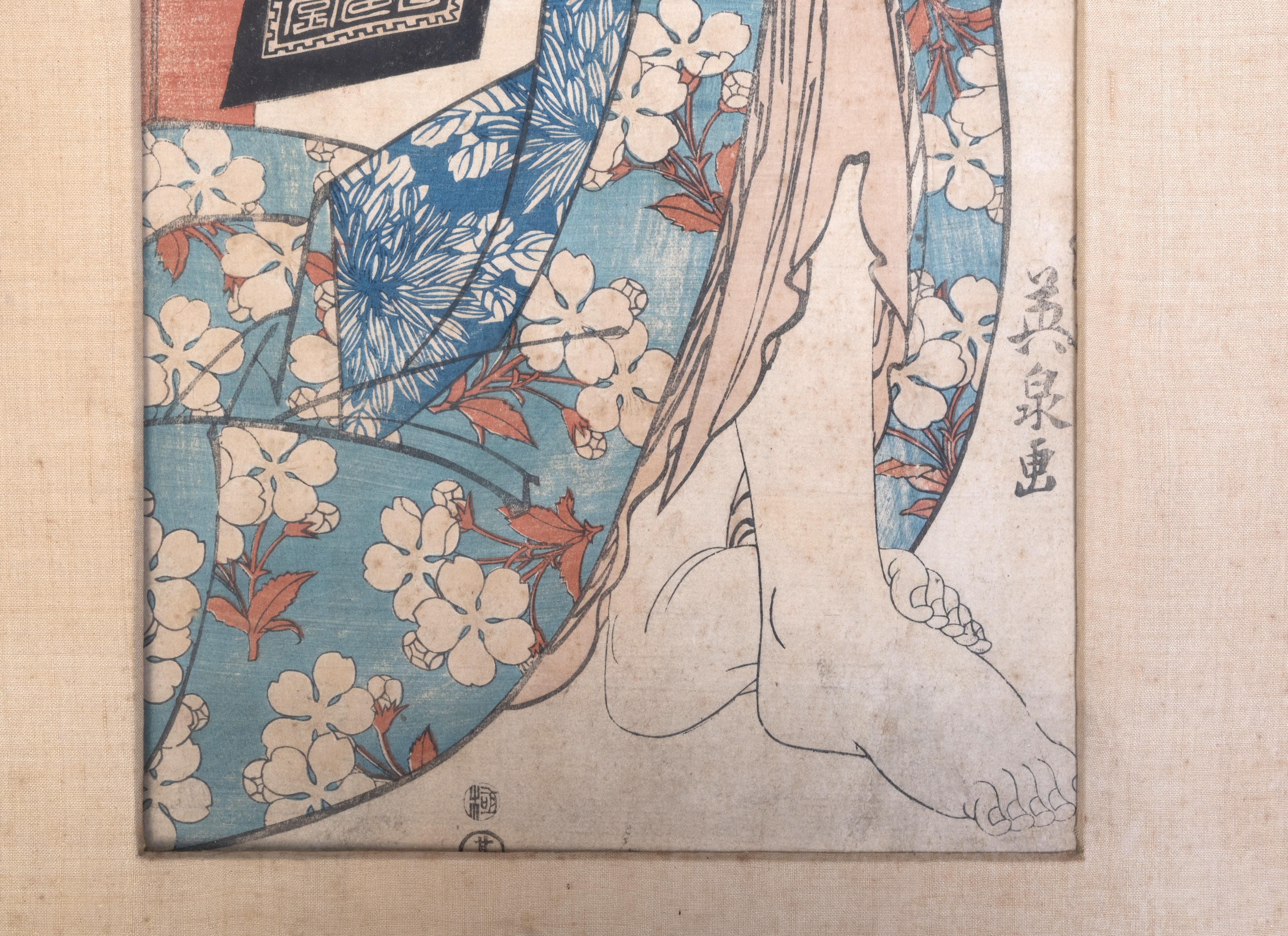 Hand-Painted Antique 19th Century Japanese Woodblock Print By Keisai Eisen (1790 -1848) For Sale