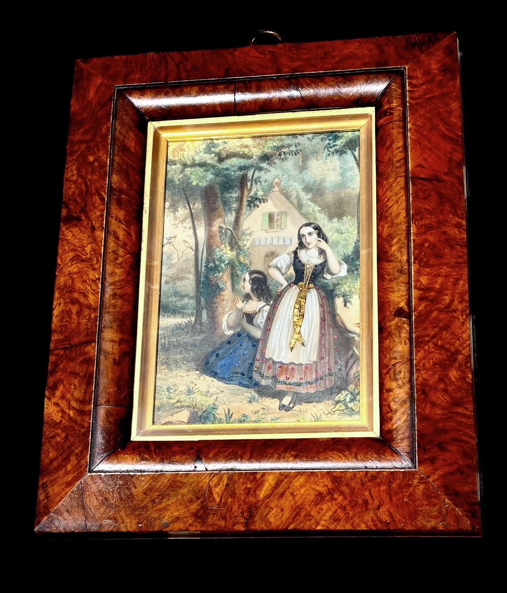 Antike handkolorierte, juwelenbesetzte, handkolorierte Lithografien-Rahmen aus dem 19. Jahrhundert (Französisch) im Angebot