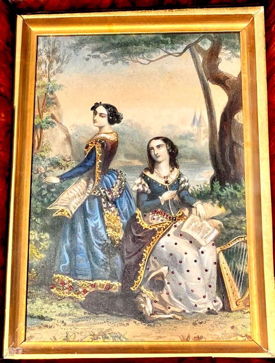 Antike handkolorierte, juwelenbesetzte, handkolorierte Lithografien-Rahmen aus dem 19. Jahrhundert (Perlenbesetzt) im Angebot