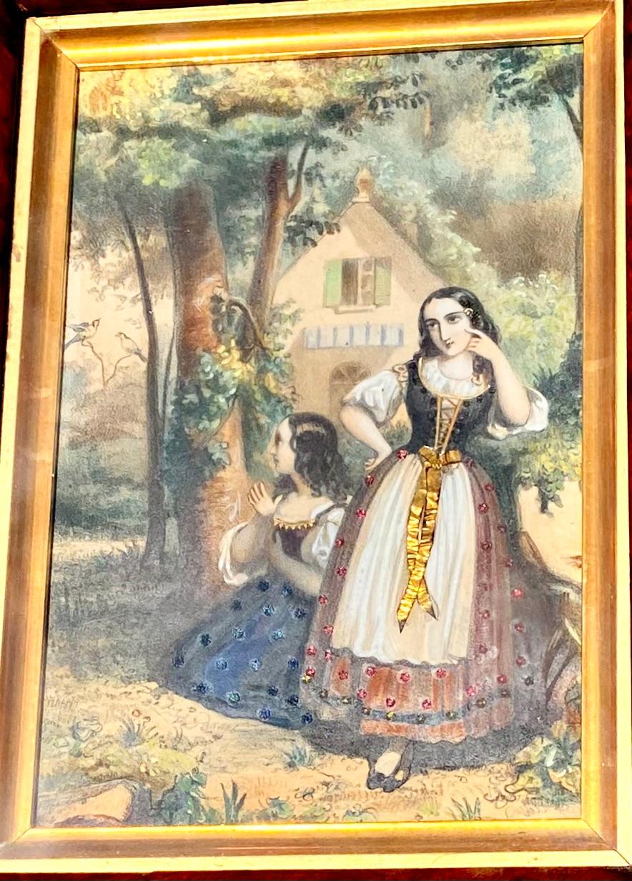 Antike handkolorierte, juwelenbesetzte, handkolorierte Lithografien-Rahmen aus dem 19. Jahrhundert im Zustand „Gut“ im Angebot in New Orleans, LA