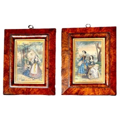 Antique 19th Century Jeweled Hand Colored Lithographs Period Frames