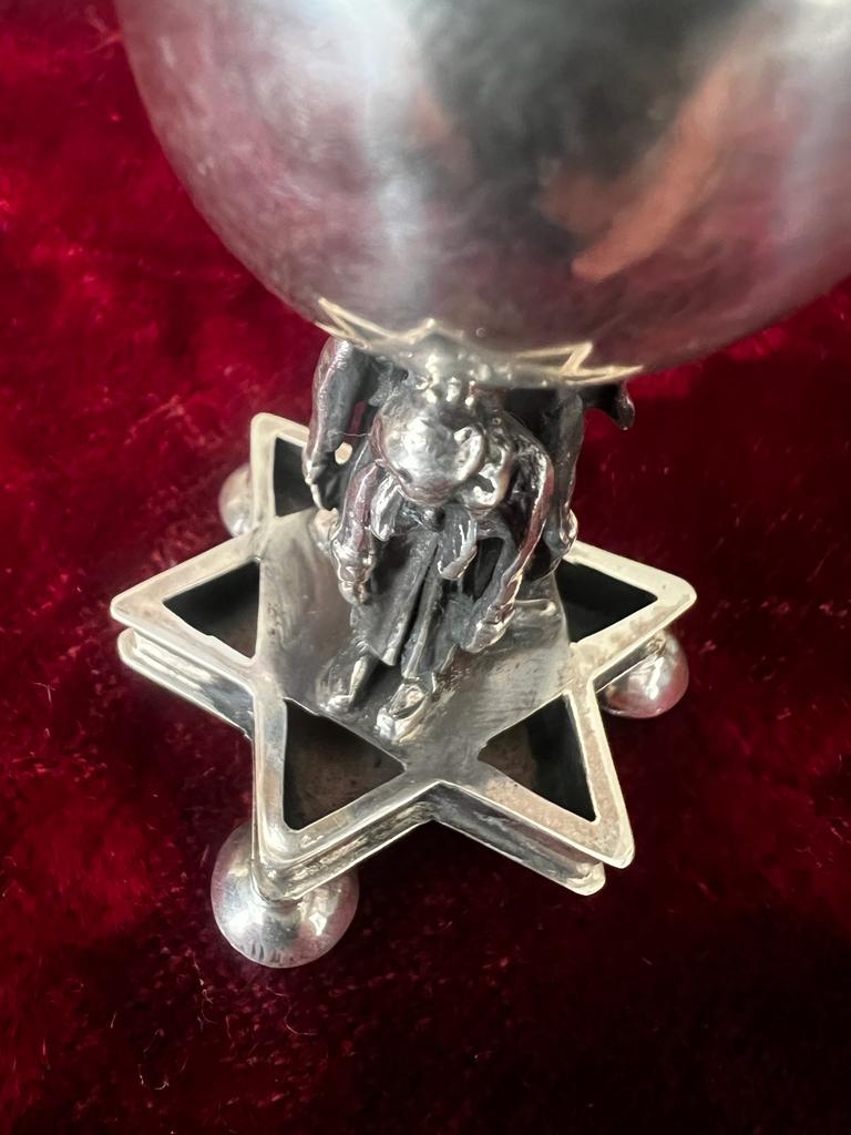 This wonderful 1875 sterling silver Spice (Besamim) Tower is refine and an absolutely beautifully made collectible historical Judaica item. 
Extremely finely worked details including rabbinical figures standing on David’s star as their’s base/