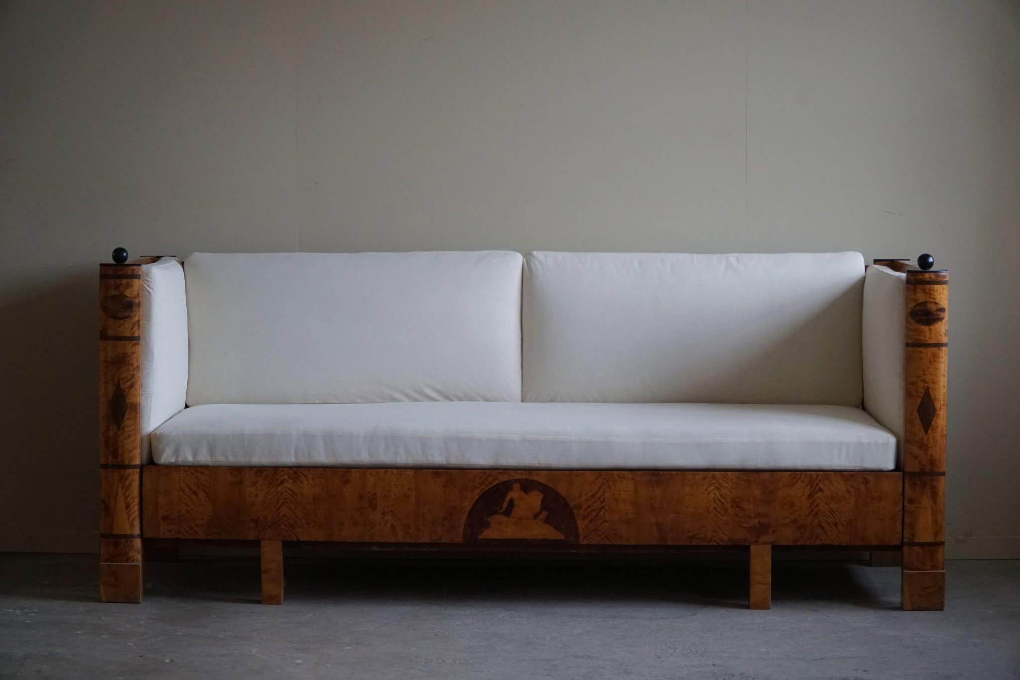 Art Deco Antique 19th Century Karl Johan Empire Sofa in Birch, Swedish Cabinetmaker