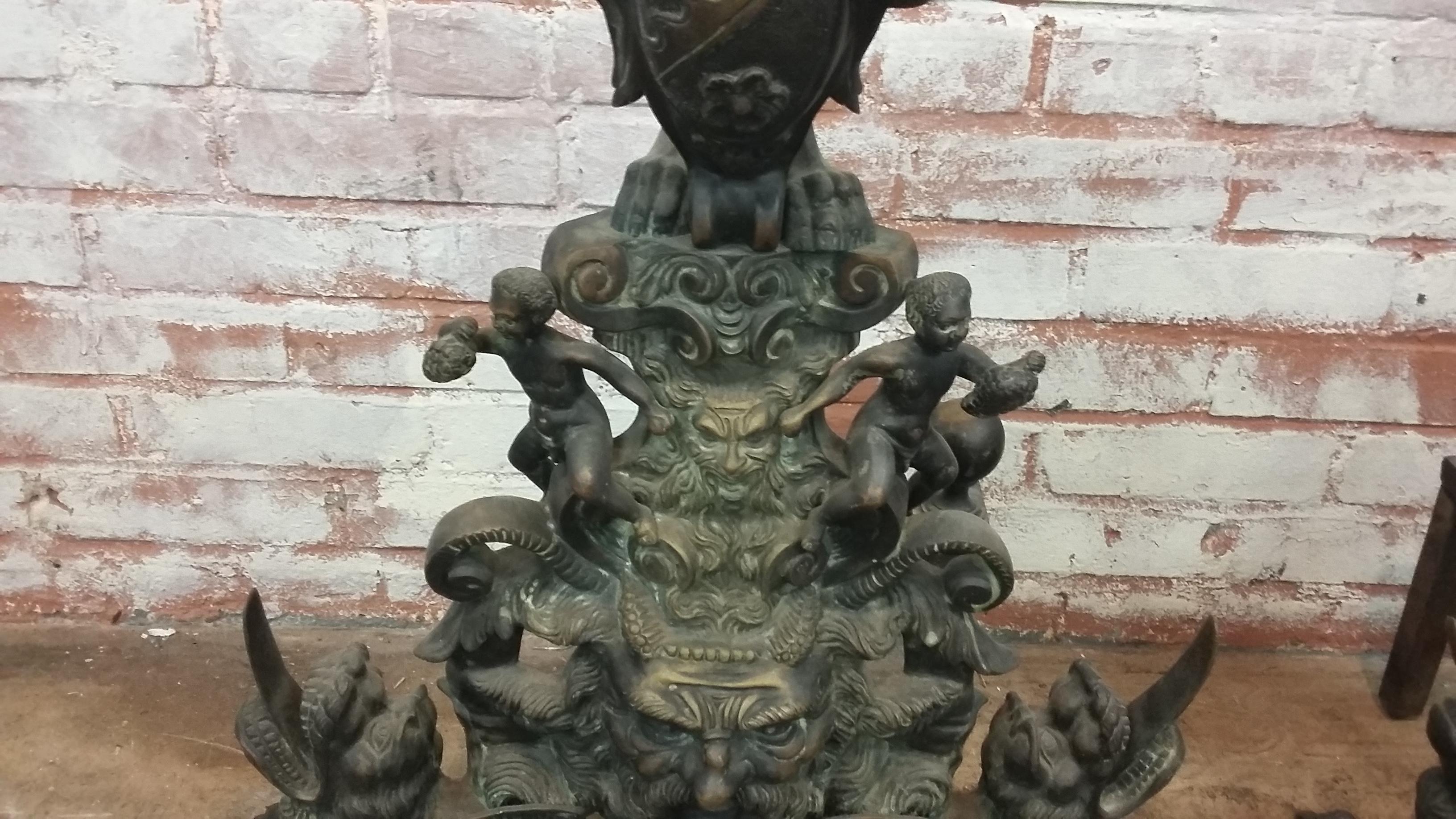 American Antique 19th Century Large Bronze  Andirons with dragons and lions