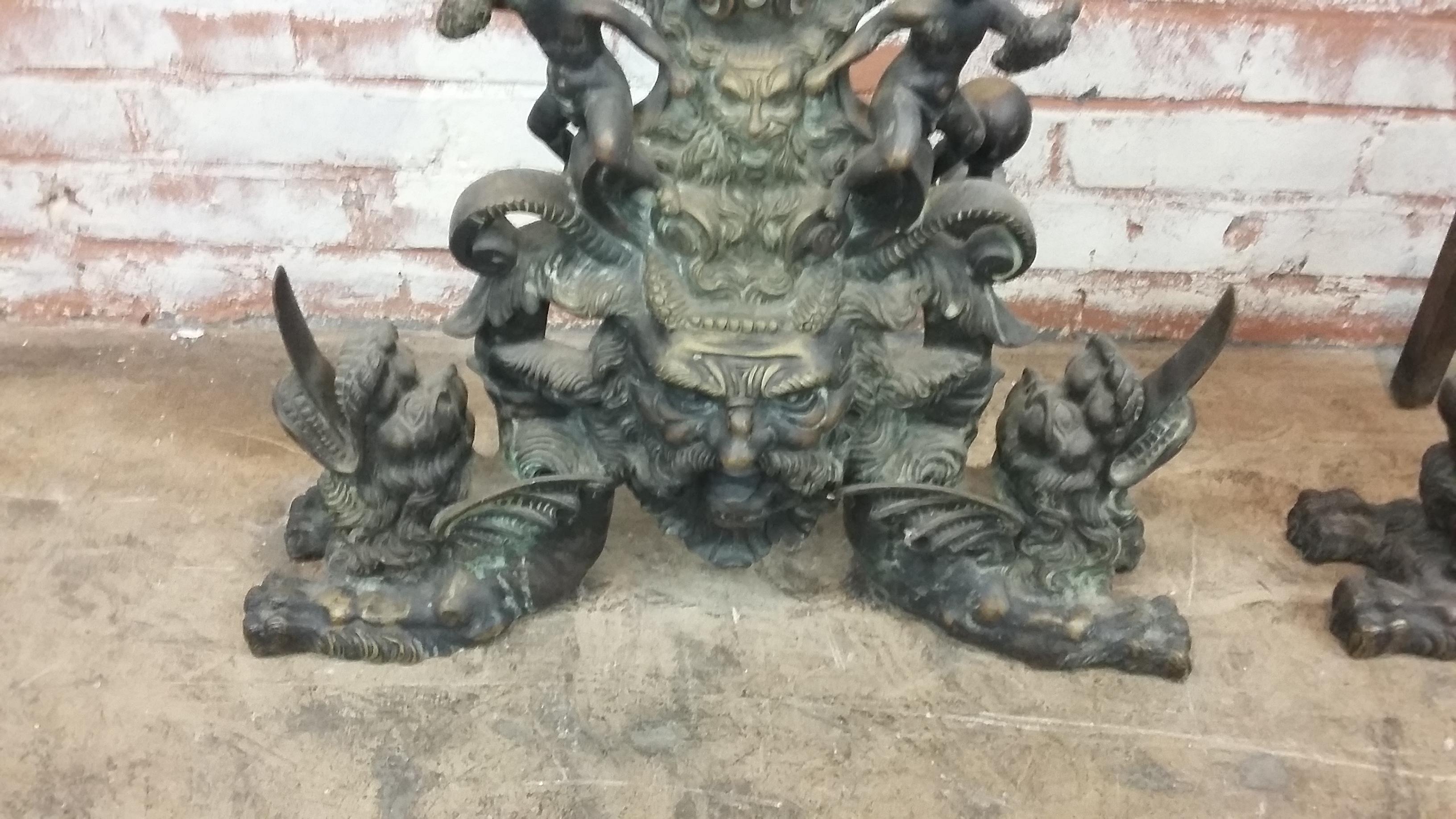 Antique 19th Century Large Bronze  Andirons with dragons and lions In Good Condition In Stamford, CT