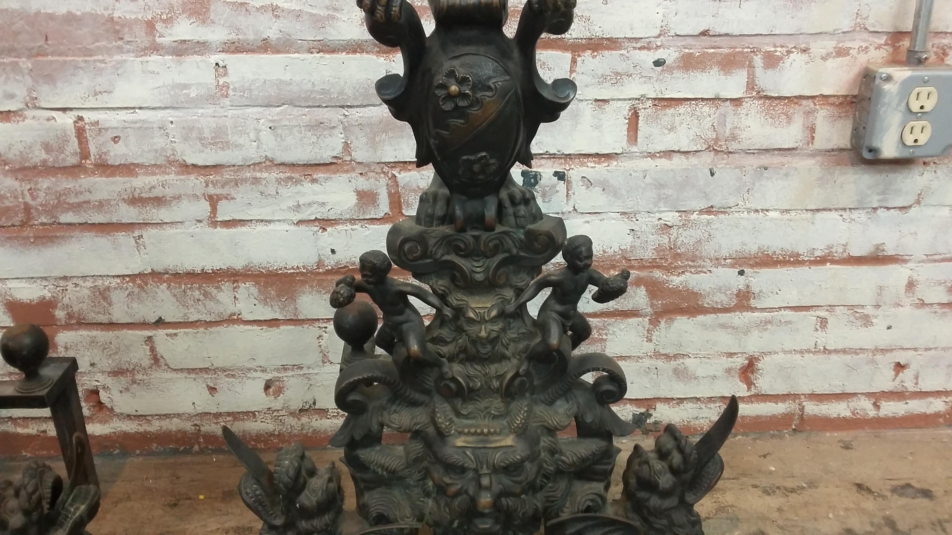 Antique 19th Century Large Bronze  Andirons with dragons and lions 2