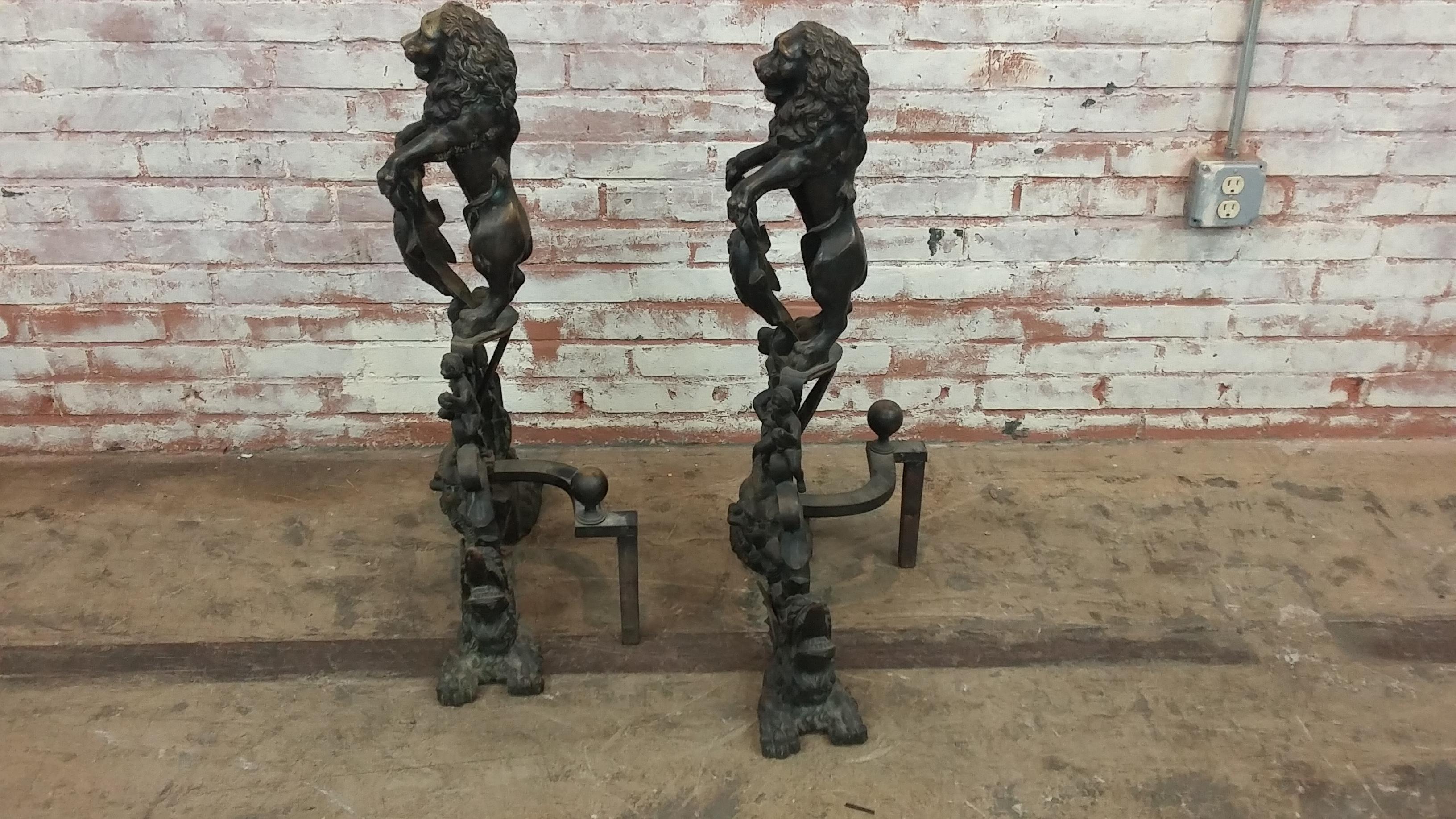 Antique 19th Century Large Bronze  Andirons with dragons and lions 4