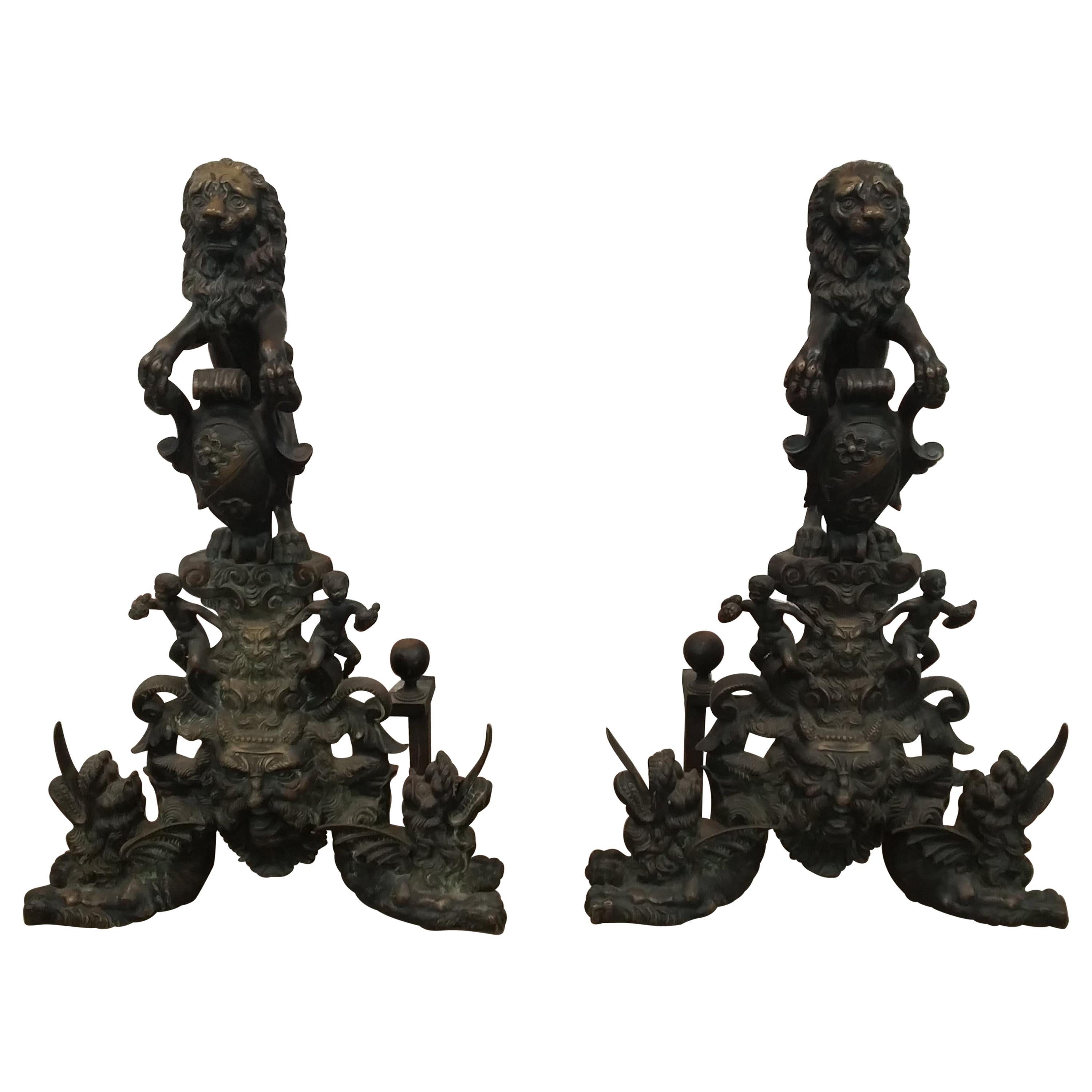 Antique 19th Century Large Bronze  Andirons with dragons and lions