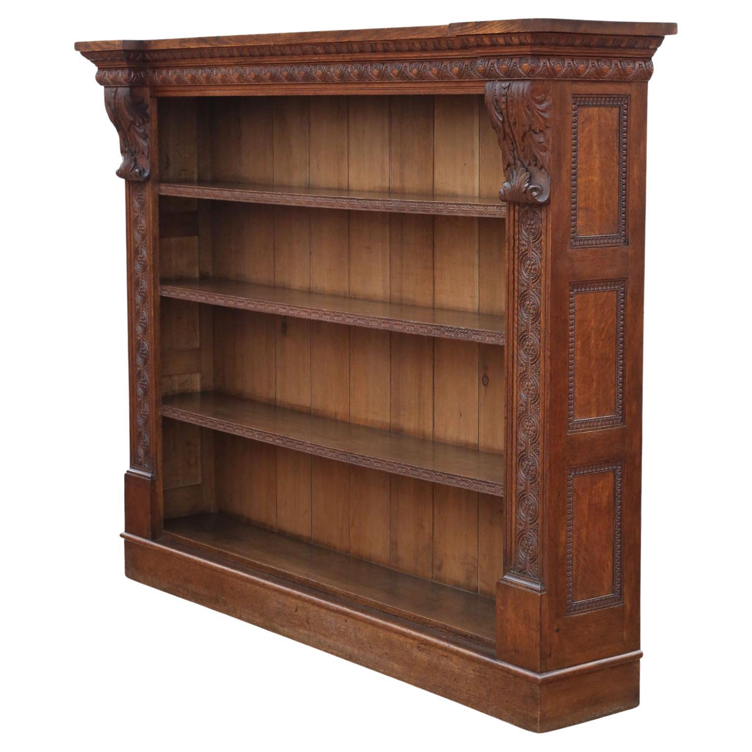 Antique 19th Century Large Carved Oak Bookcase – Quality Country House Style