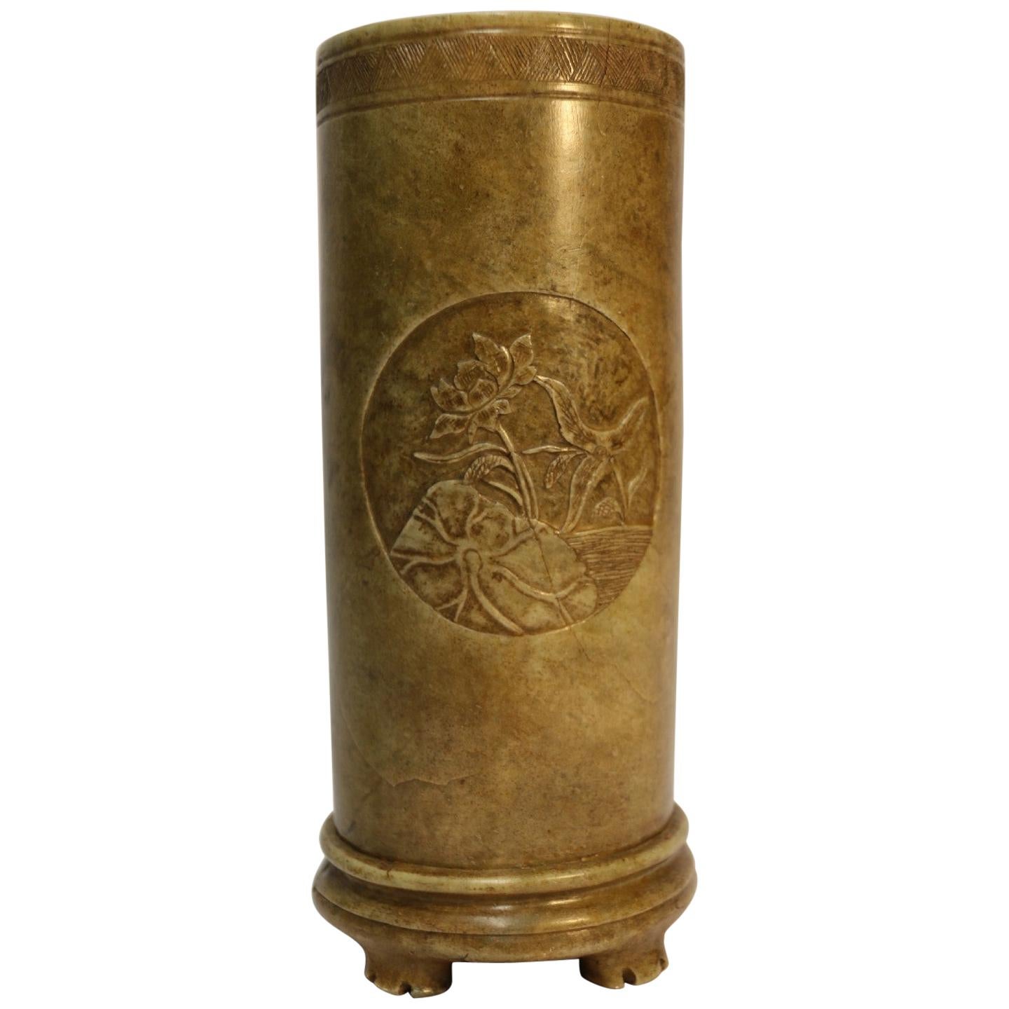 Antique 19th Century Large Chinese Soap Stone Brush Pot, circa 1890 For Sale