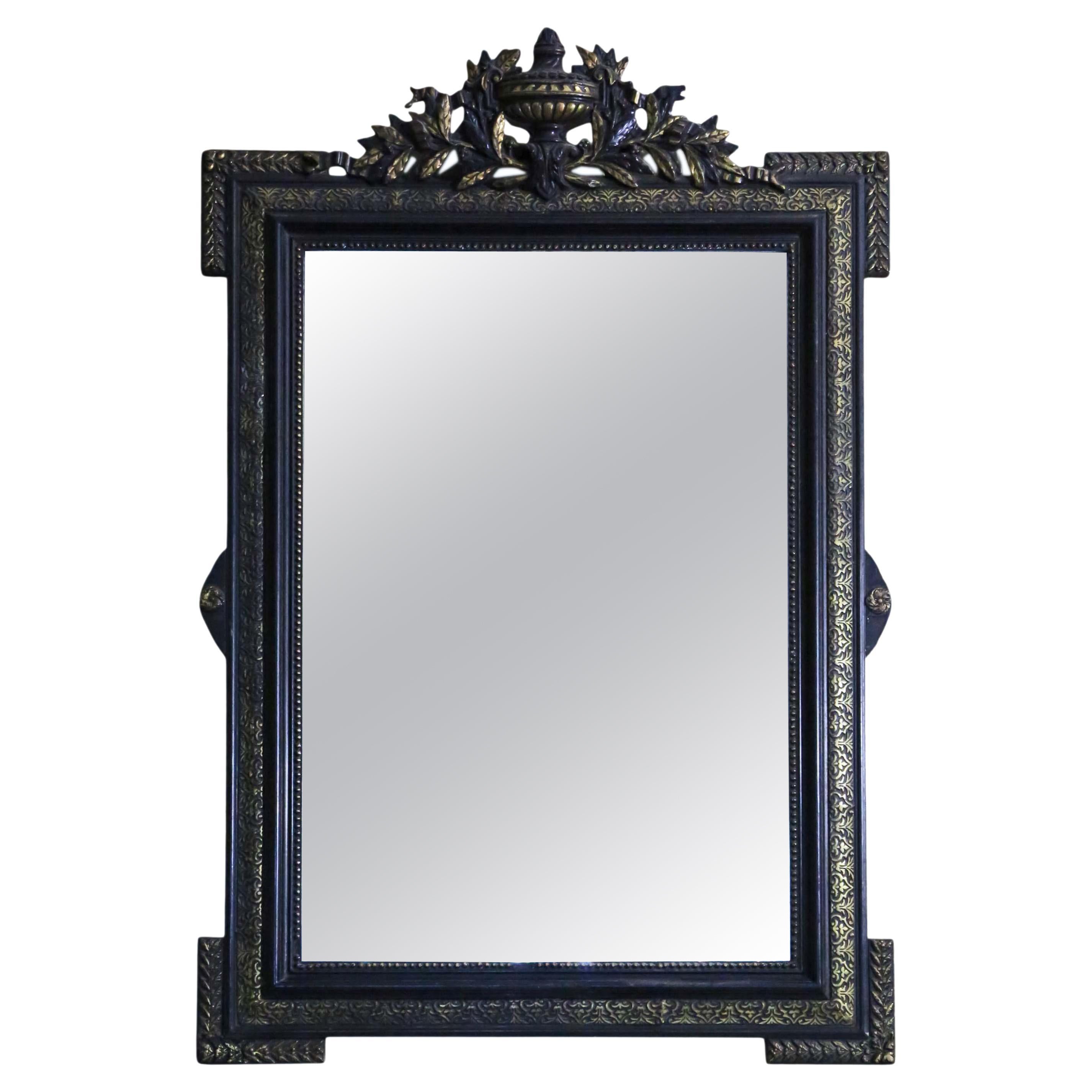 Antiguo Siglo XIX Gran Espejo de Pared Dorado Ebonizado Sobremantelado