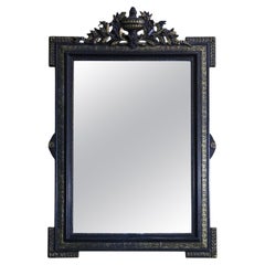 Antiguo Siglo XIX Gran Espejo de Pared Dorado Ebonizado Sobremantelado