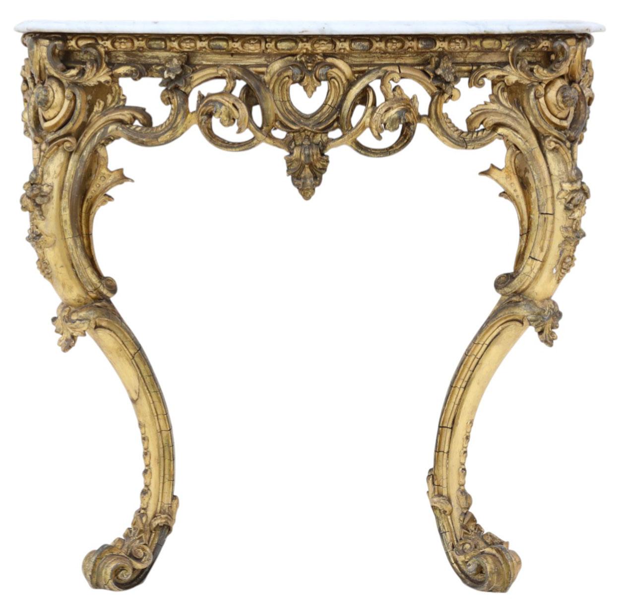 Antique 19th Century Large Gilt and Marble Hall Console Table – Fine Quality.

The table has a lovely age, colour and patina. The finishes are original, with losses and touching up. Lovely patinated marble top

A rare, attractive and quality table