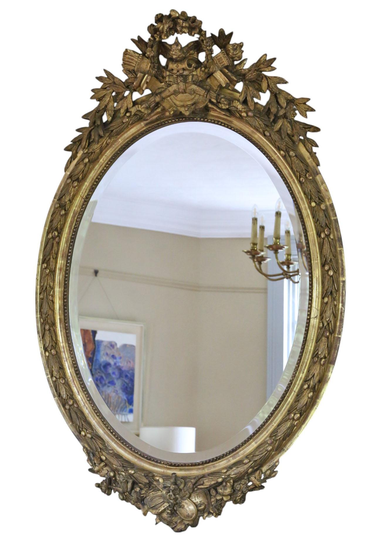 Glass Antique 19th Century Large Oval Gilt Wall / Overmantel Mirror – Decorative Gold For Sale