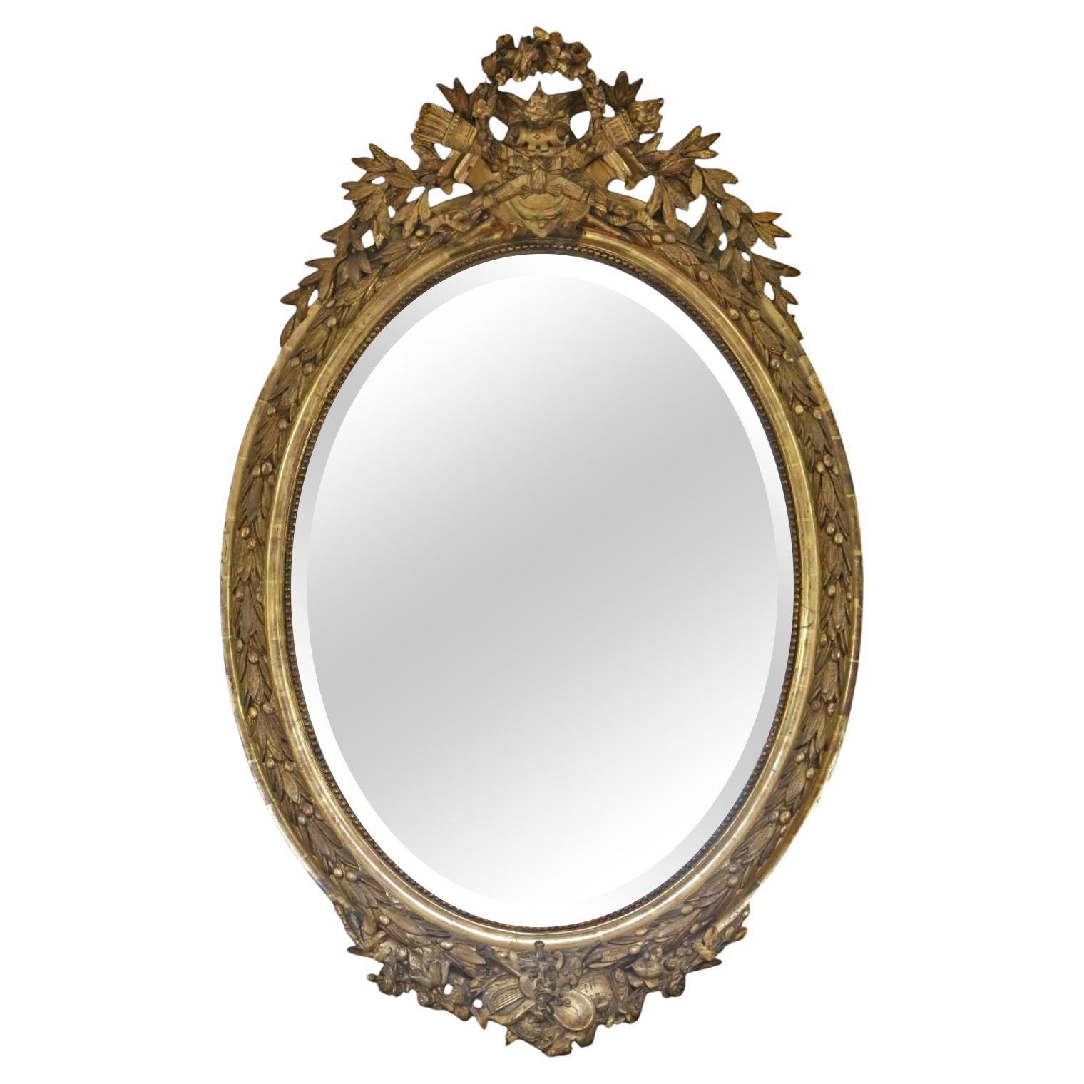 Antique 19th Century Large Oval Gilt Wall / Overmantel Mirror – Decorative Gold For Sale