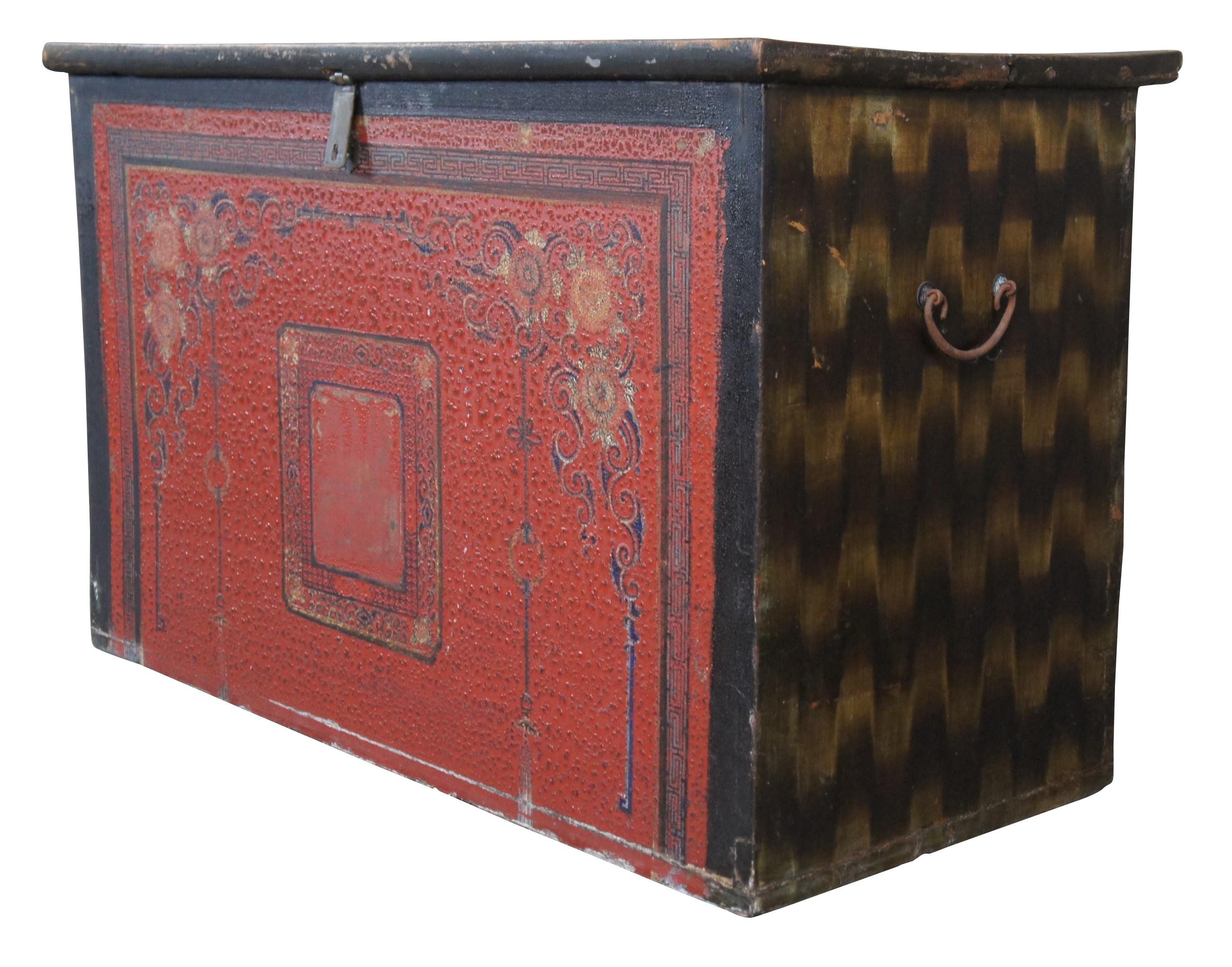 Antique 19th Century Large Tibetan Hand Painted Wood Storage Trunk Chest In Good Condition For Sale In Dayton, OH