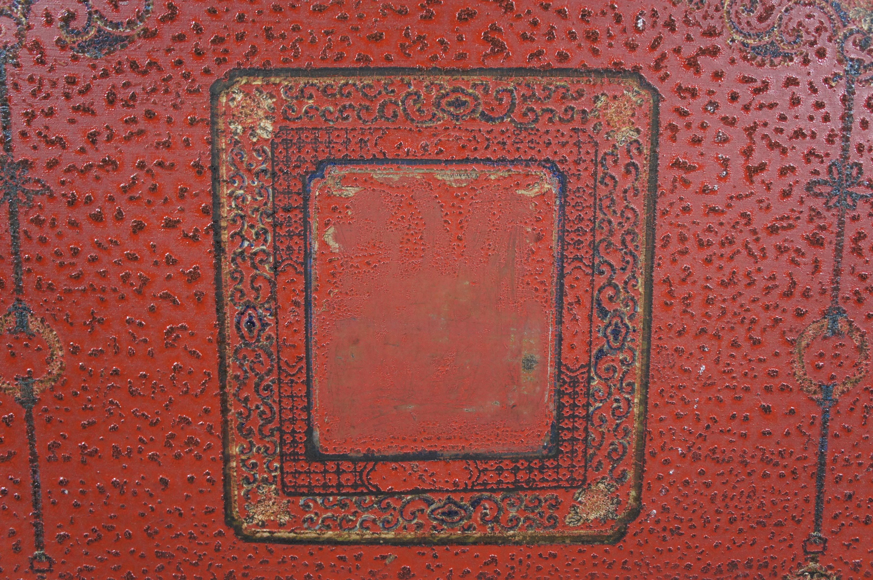 Hardwood Antique 19th Century Large Tibetan Hand Painted Wood Storage Trunk Chest For Sale