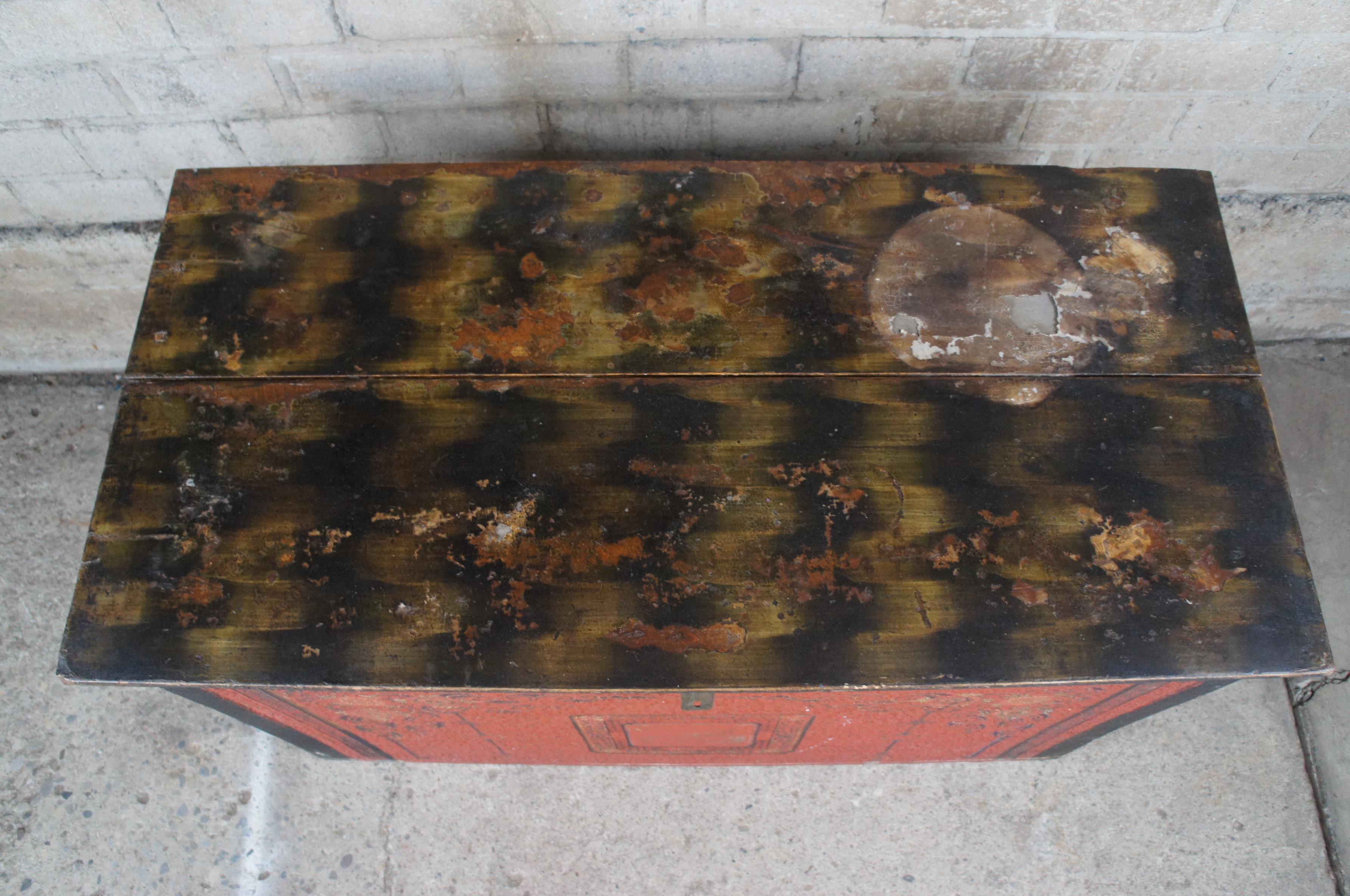 Antique 19th Century Large Tibetan Hand Painted Wood Storage Trunk Chest For Sale 1