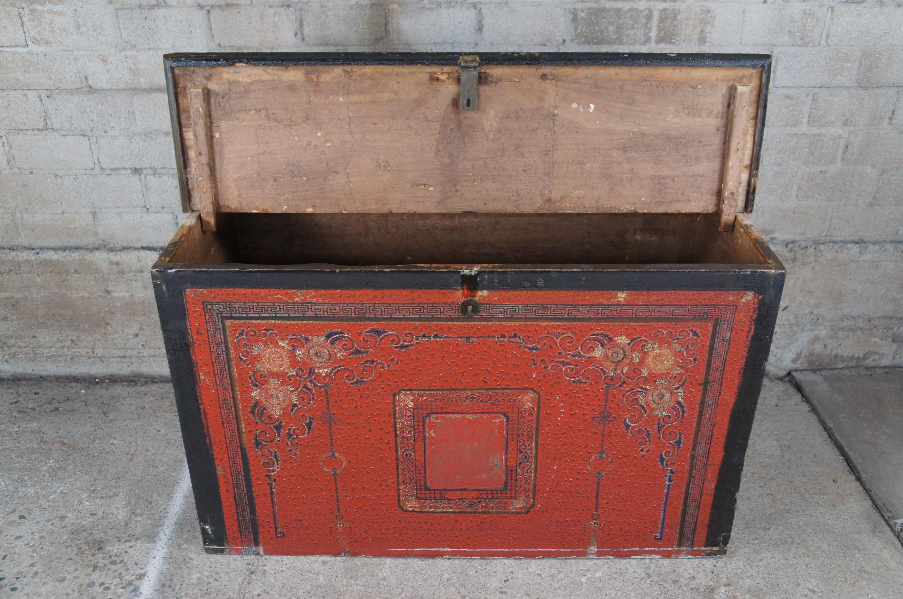 Antique 19th Century Large Tibetan Hand Painted Wood Storage Trunk Chest For Sale 2