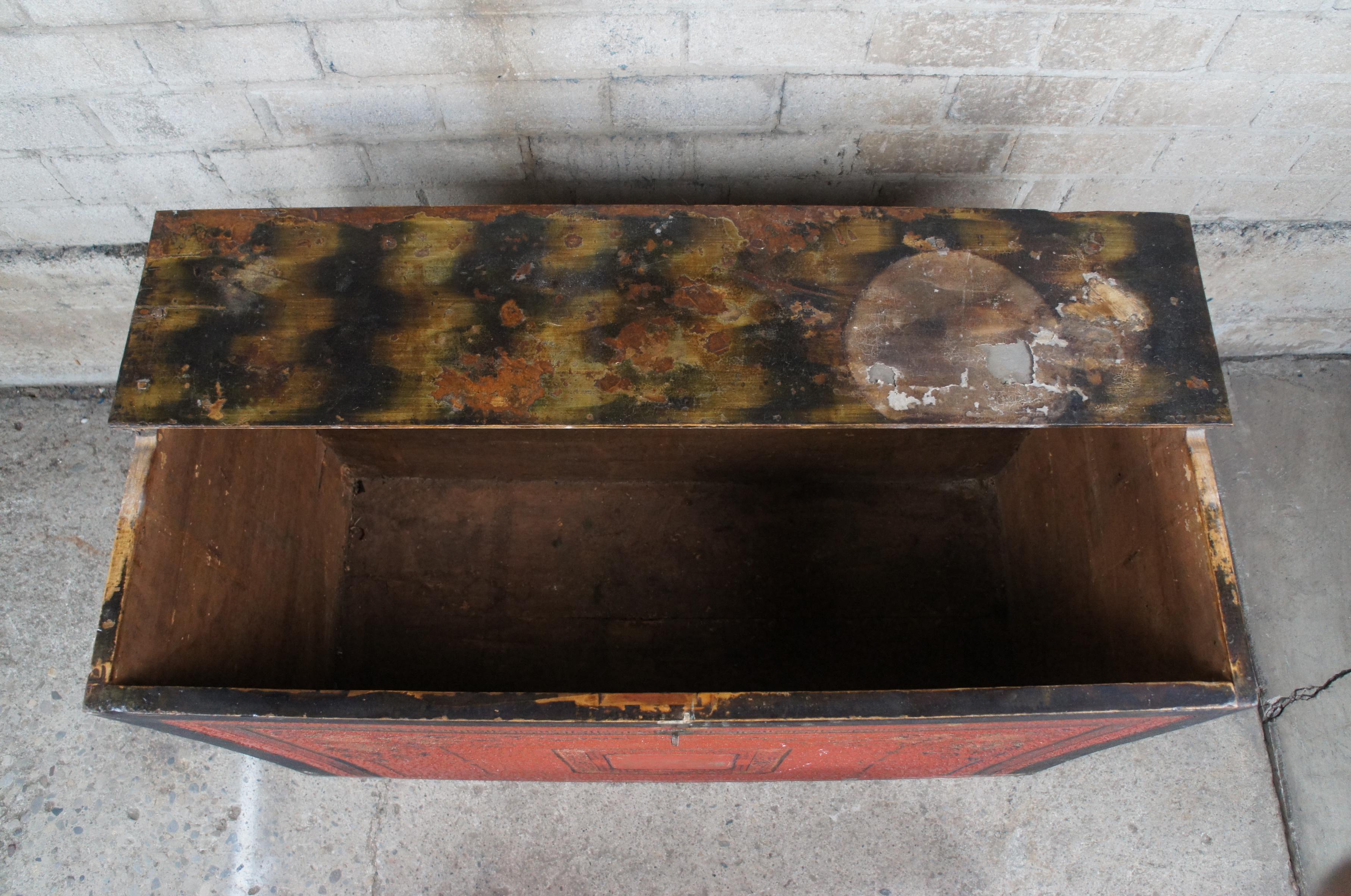 Antique 19th Century Large Tibetan Hand Painted Wood Storage Trunk Chest For Sale 4