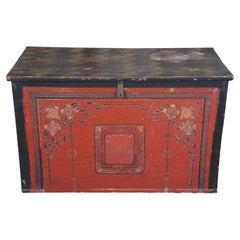 Antique 19th Century Large Tibetan Hand Painted Wood Storage Trunk Chest