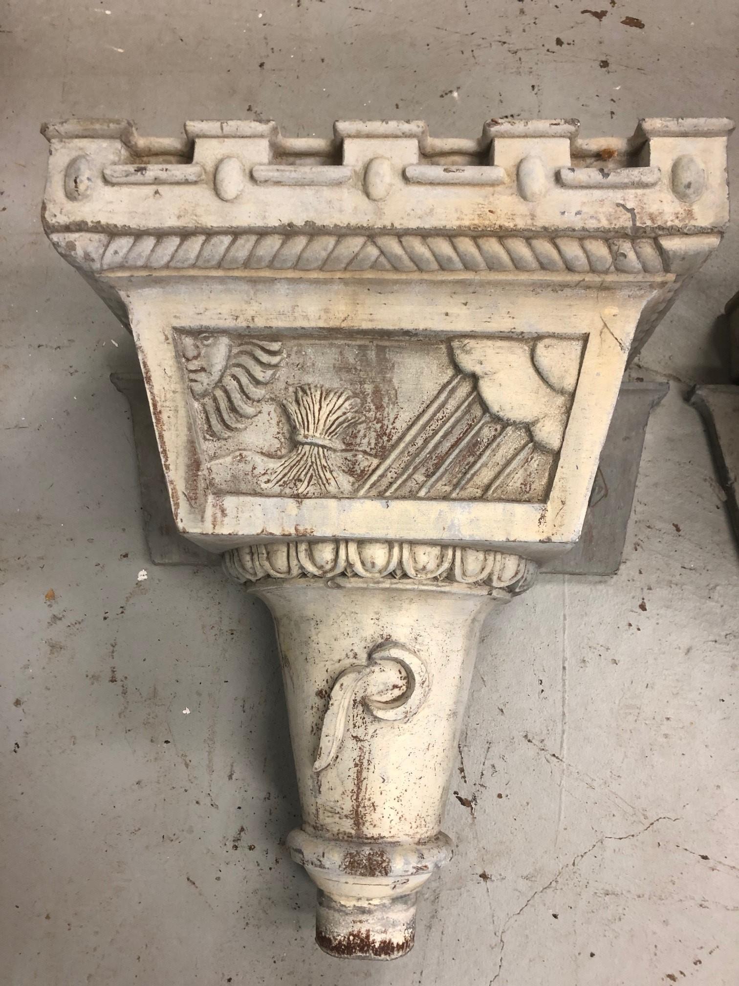 Antique Late 19th Century Lead Downspouts or Rain Hoppers from a Greenwich Ct. Estate. This is a great pair of lead downspouts with a image of sunshine, rain, and a bushel of wheat originally from a Manor House in England. This pair would be perfect