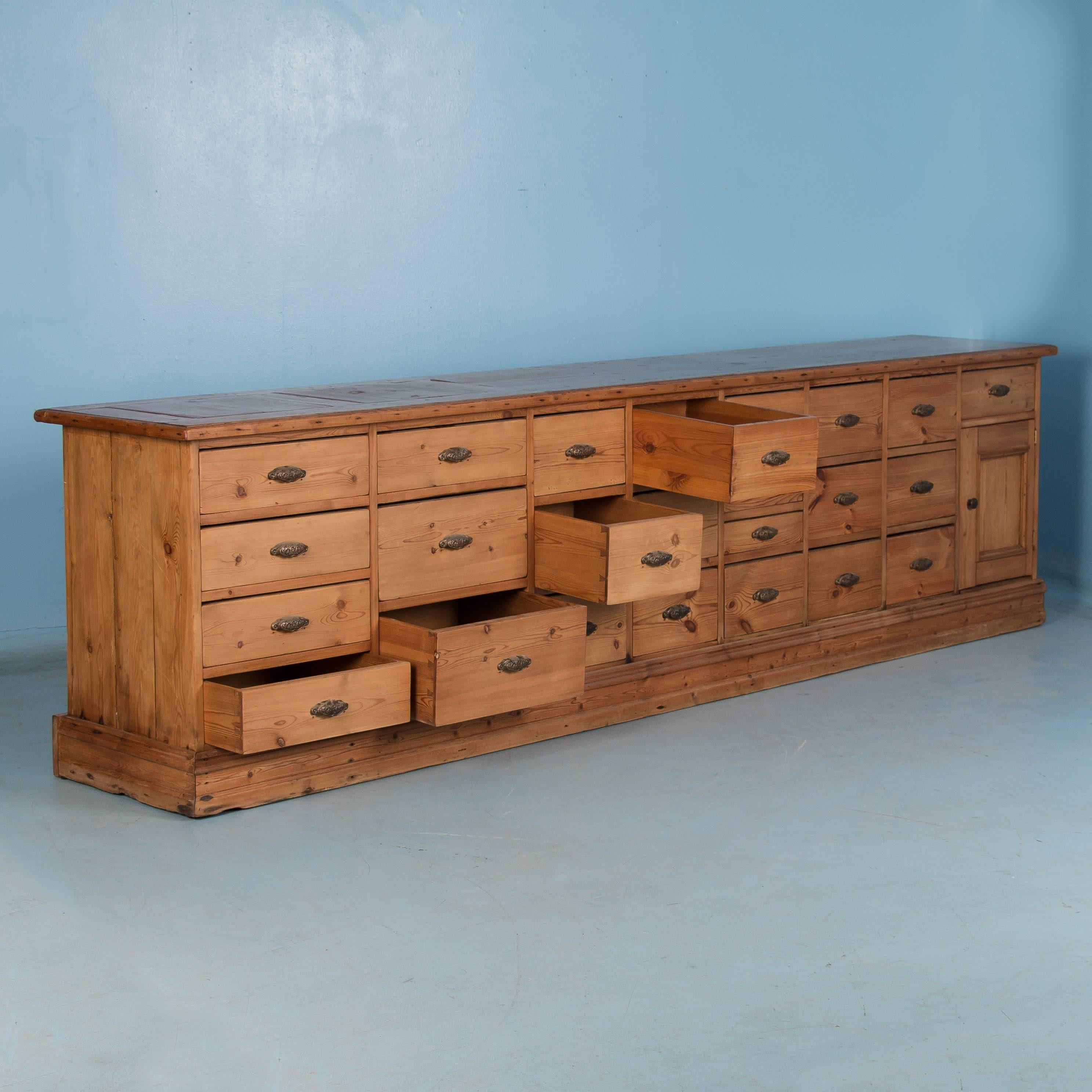 Antique 19th Century Long Danish Pine Grocer's Cabinet In Good Condition In Round Top, TX