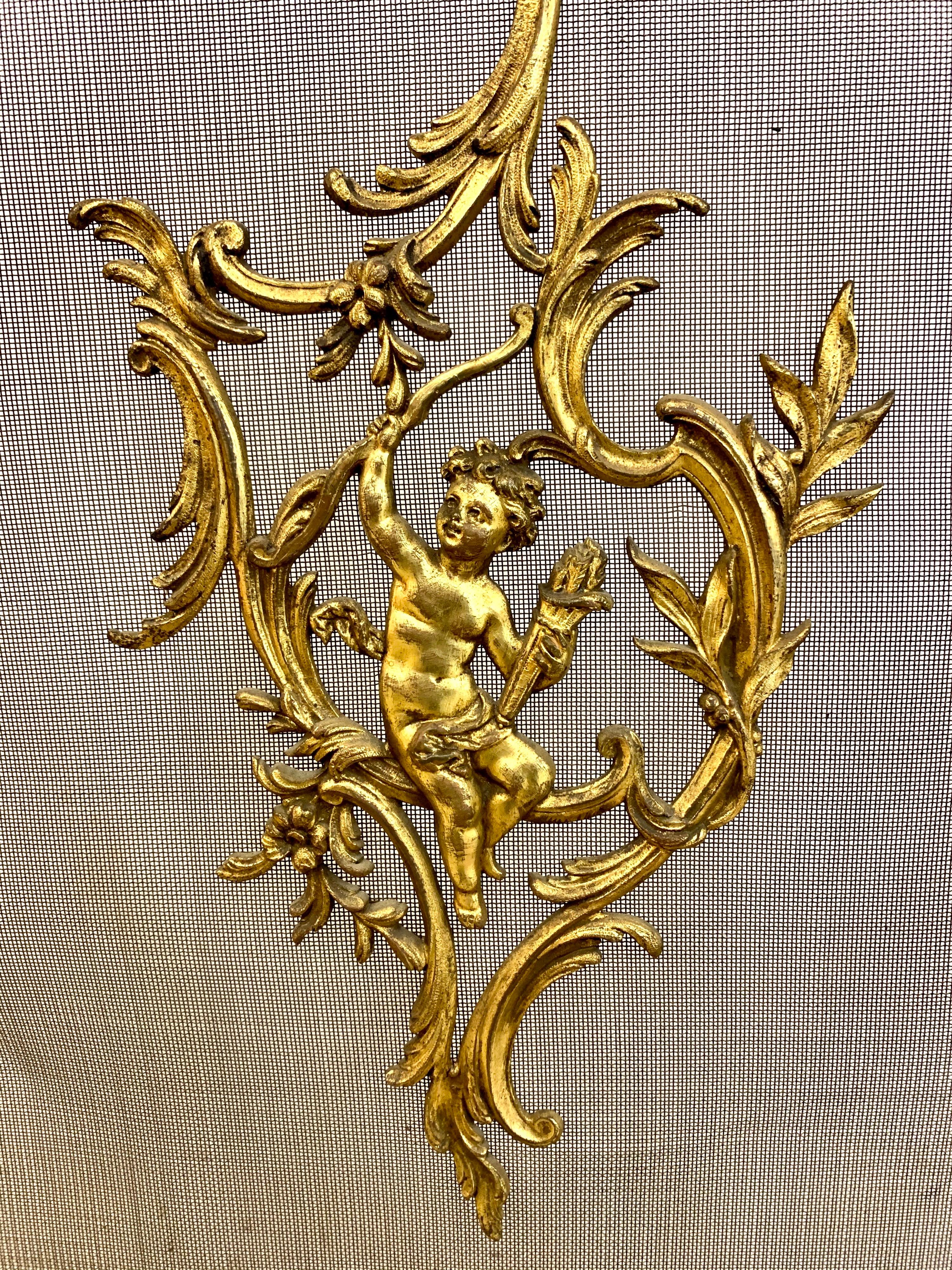 French Antique 19th Century Louis XV Brass Fireplace Screen with Cherub