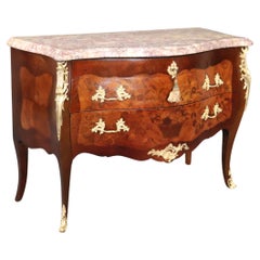 Antique 19th Century Louis XV Rococo Style Marble Top Inlaid Commode