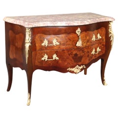 Antique 19th Century Louis XV Rococo Style Marble Top Inlaid Commode