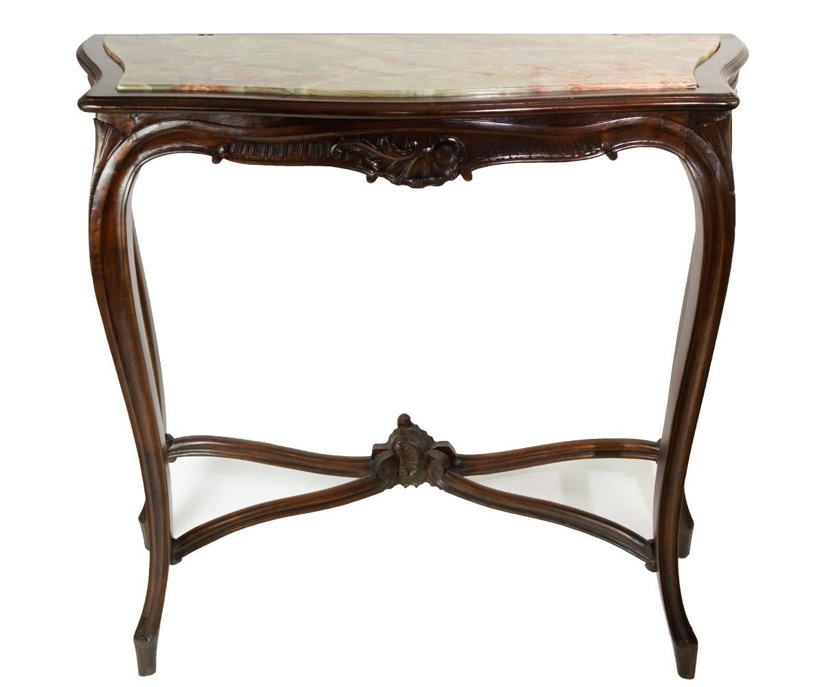 Hand-Carved Antique 19th Century Louis XV Style Carved Walnut Onyx Top Console and Mirror For Sale