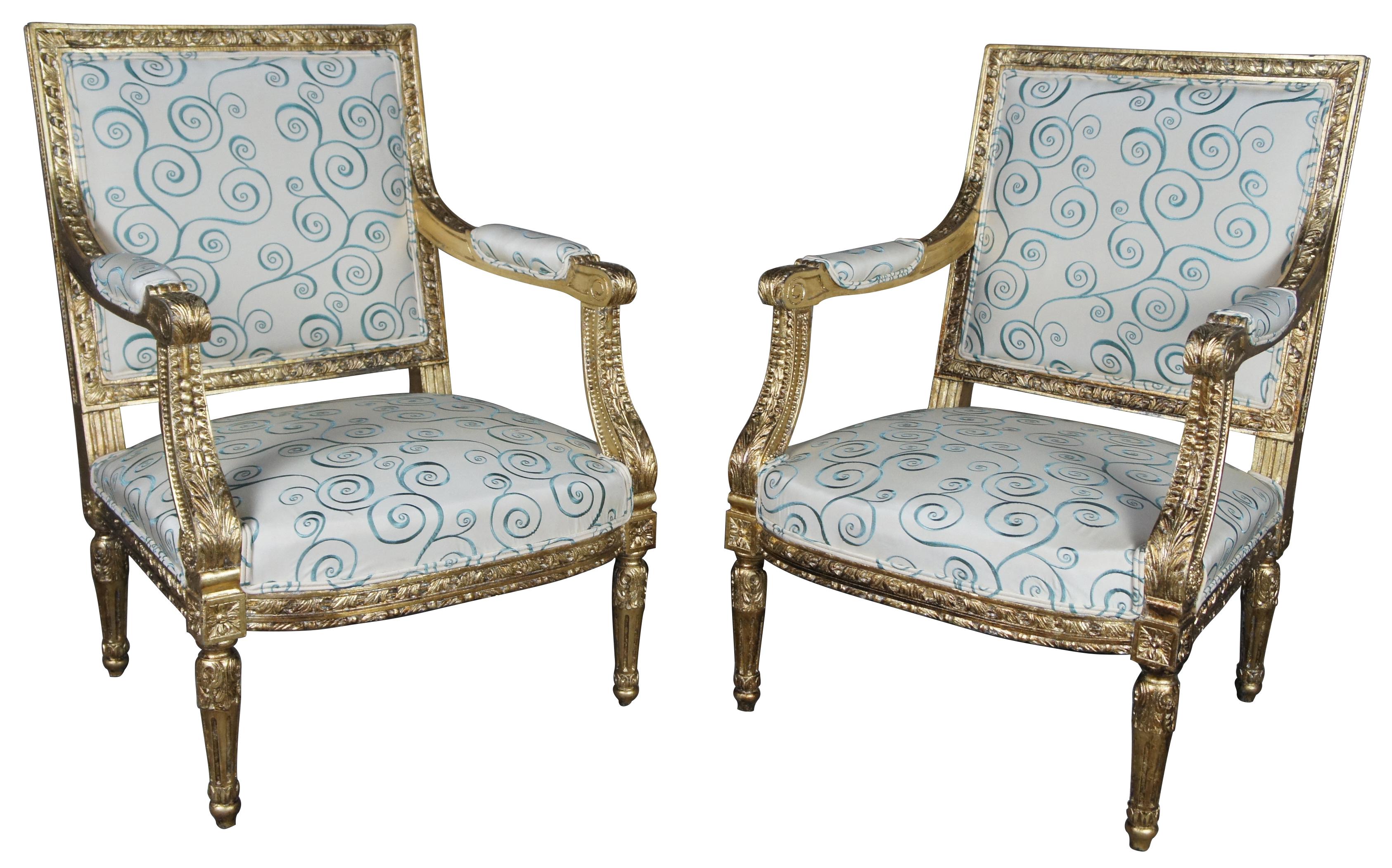 Antique 19th century Louis XVI Fauteuil armchairs neoclassical French accent

Late 19th century Louis XVI fauteuils. An ornate pair with modern upholstery, trimmed in gold with acanthus detail and traditional accents. A great pair of armchairs for