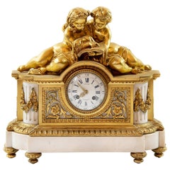 Antique 19th Century Louis XVI French Gilded Bronze and Marble Mantel Clock