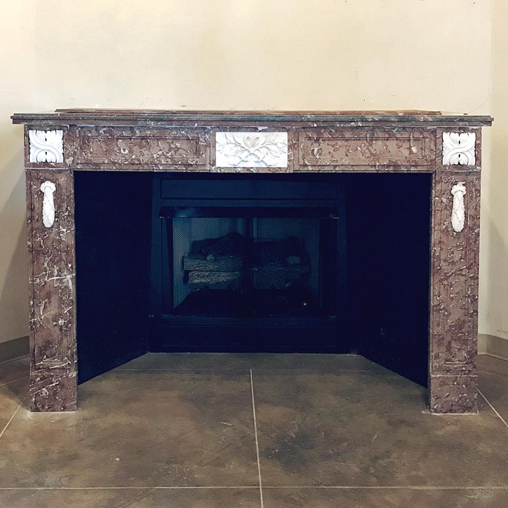 Hand-Carved Antique 19th Century Louis XVI French Rouge and Carrara Marble Fireplace Mantel For Sale