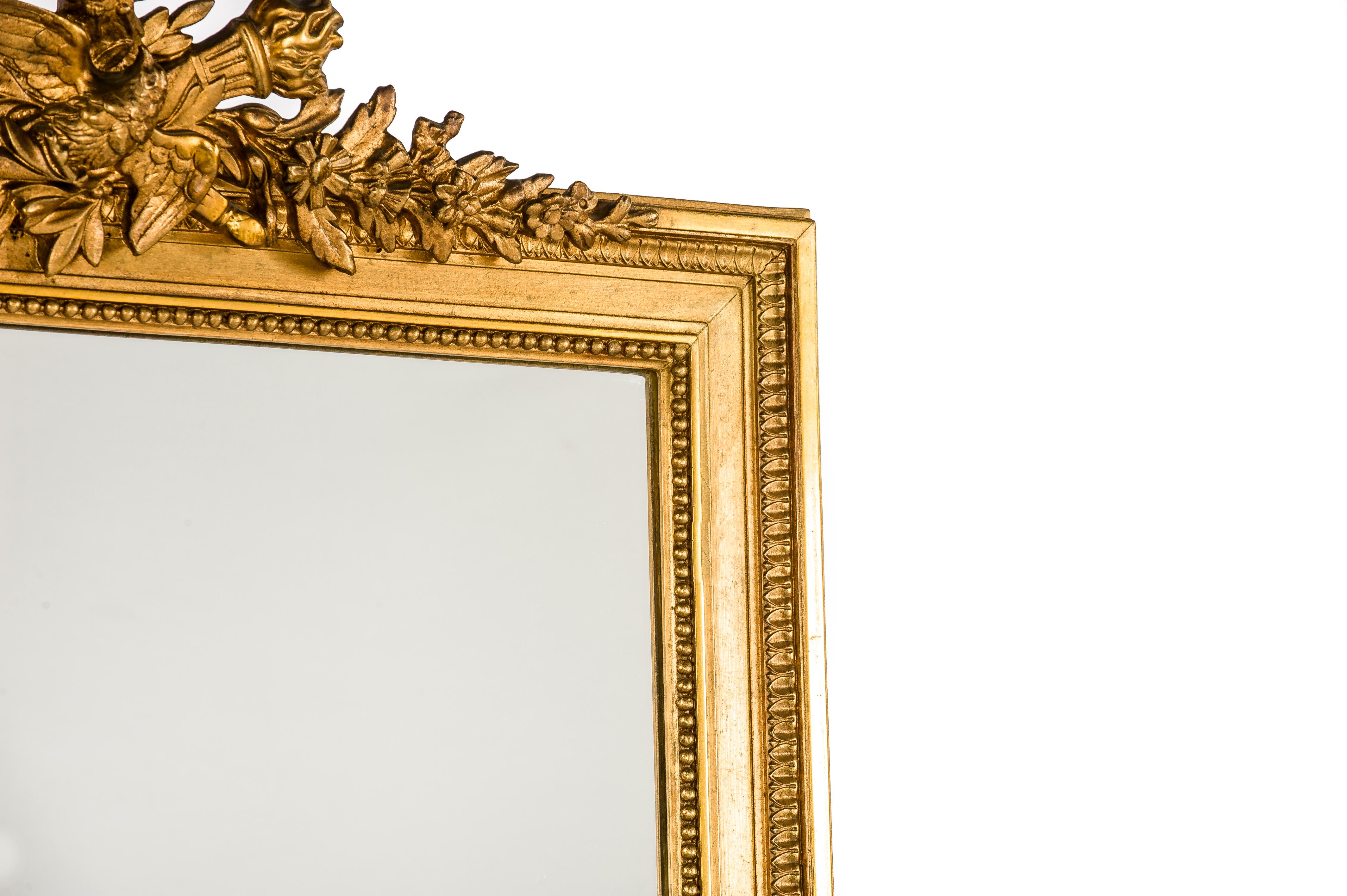 Antique 19th Century Louis XVI  Gold Leaf Gilt French Pier Mirror with Crest In Good Condition In Casteren, NL