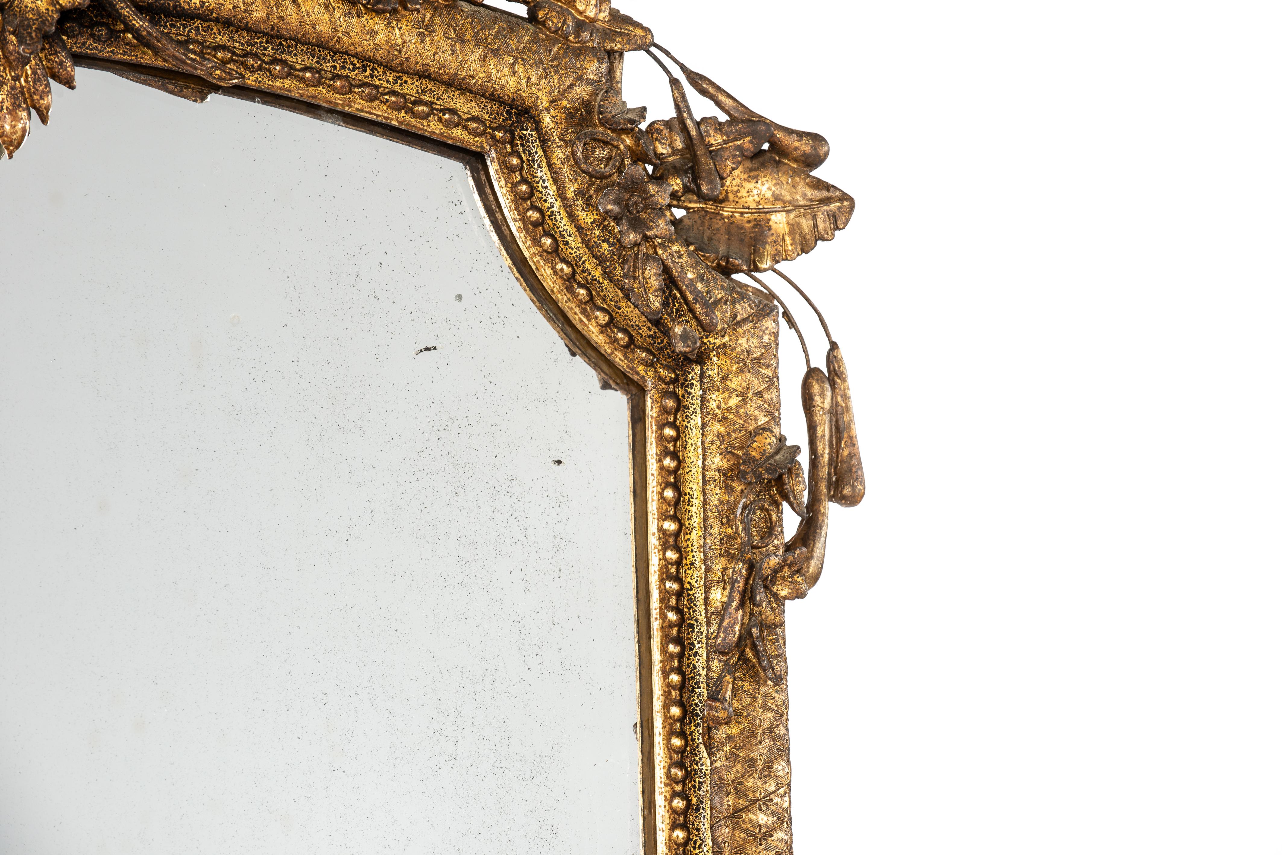 Gesso Antique 19th century Louis XVI gold leaf gilt French Pier mirror with crest For Sale