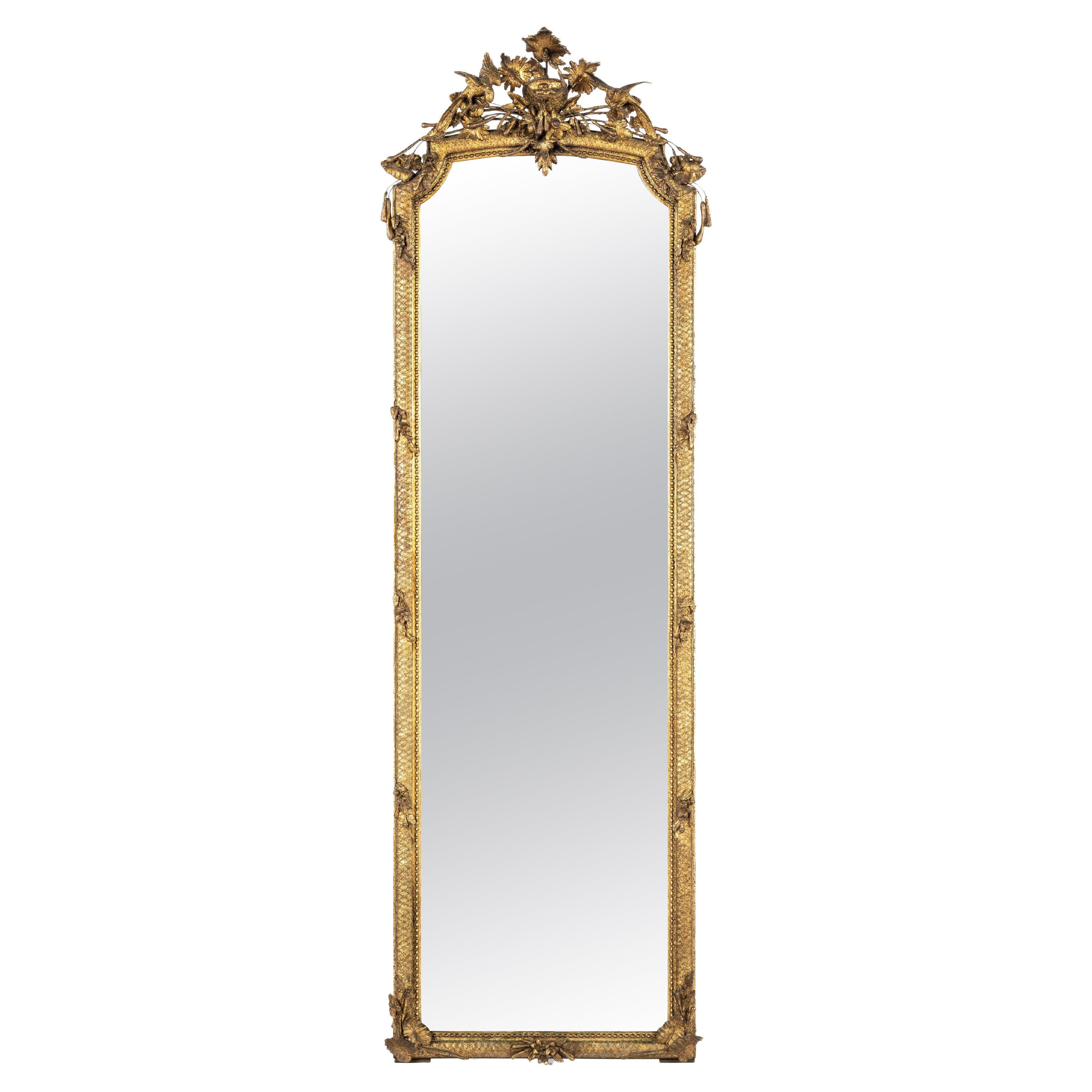 Antique Mirror francese del XIX secolo Luigi XVI, dorato a foglia d'oro e con cimiero