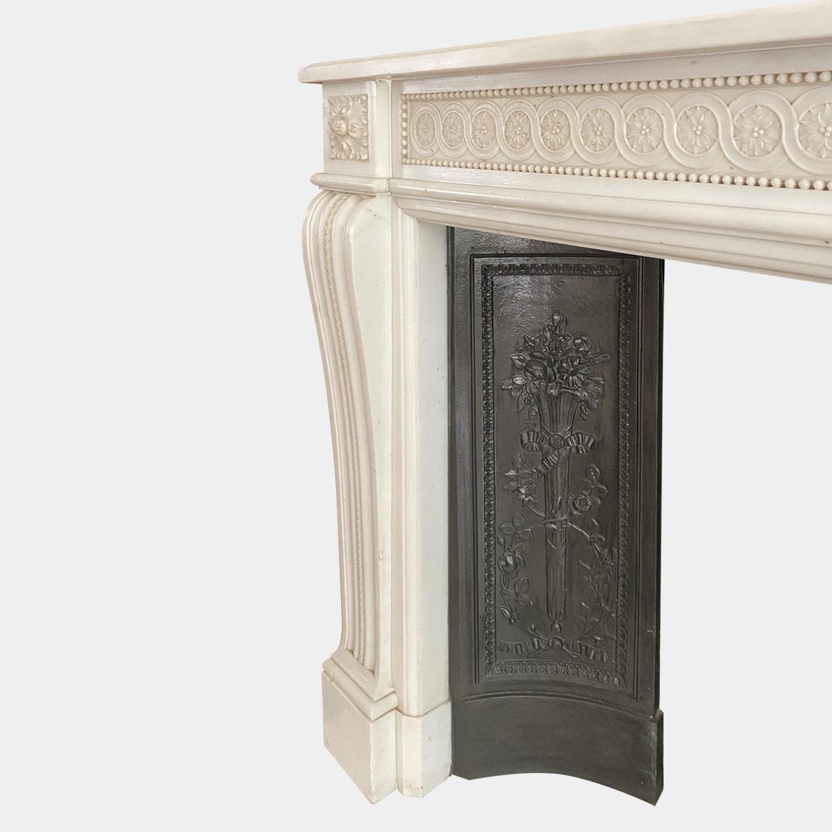 Hand-Carved Antique 19th Century Louis XVI Style Statuary Marble Fireplace Mantel