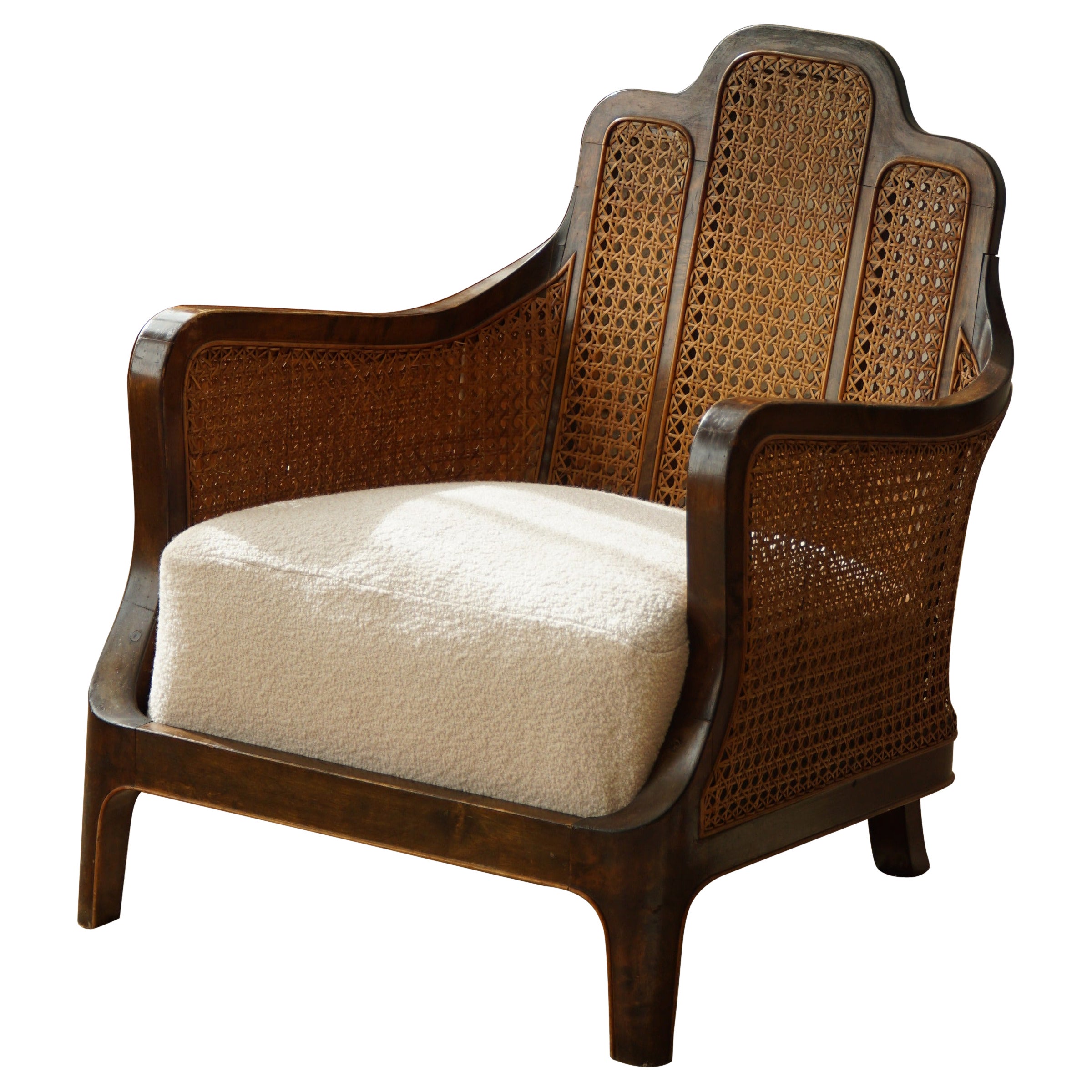 Antique 19th Century Lounge Chair in Rattan, Bouclé 
Beech, British Colonial