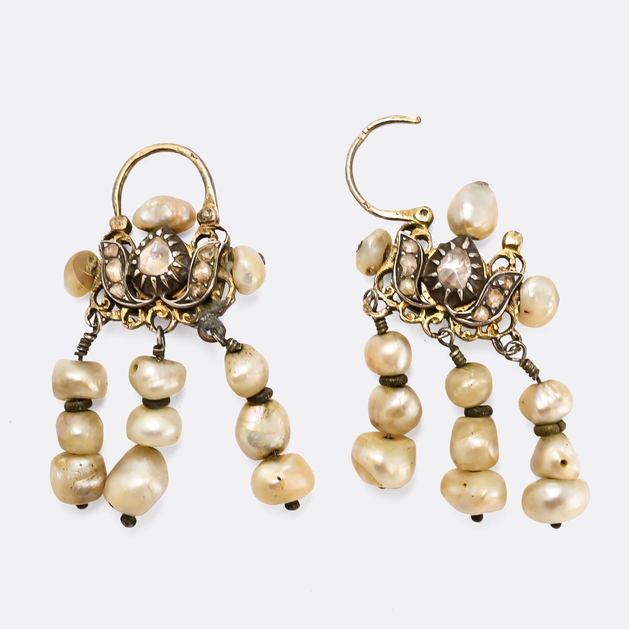 Victorian Antique 19th Century Maghreb Diamond Pearl Earrings For Sale
