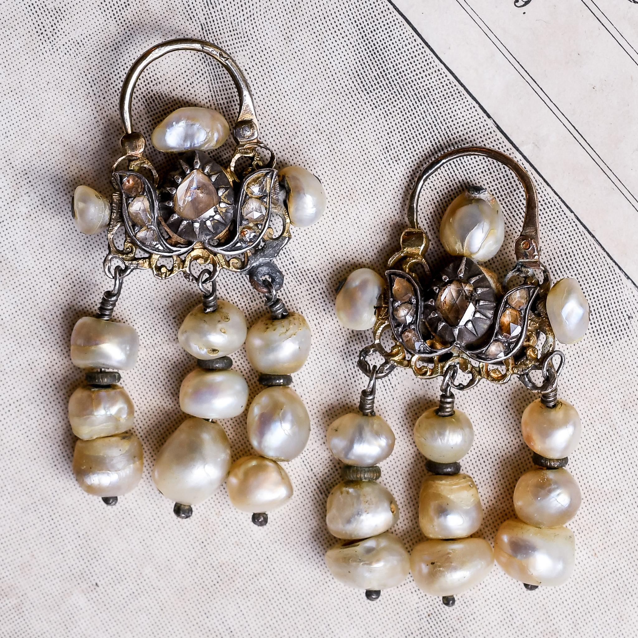 Women's or Men's Antique 19th Century Maghreb Diamond Pearl Earrings For Sale