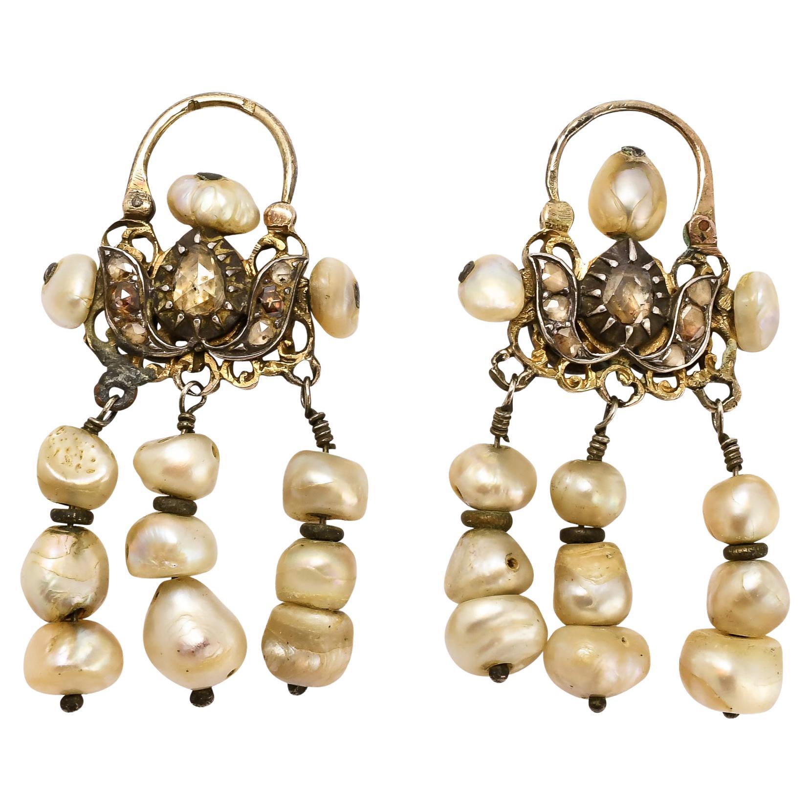 Antique 19th Century Maghreb Diamond Pearl Earrings For Sale