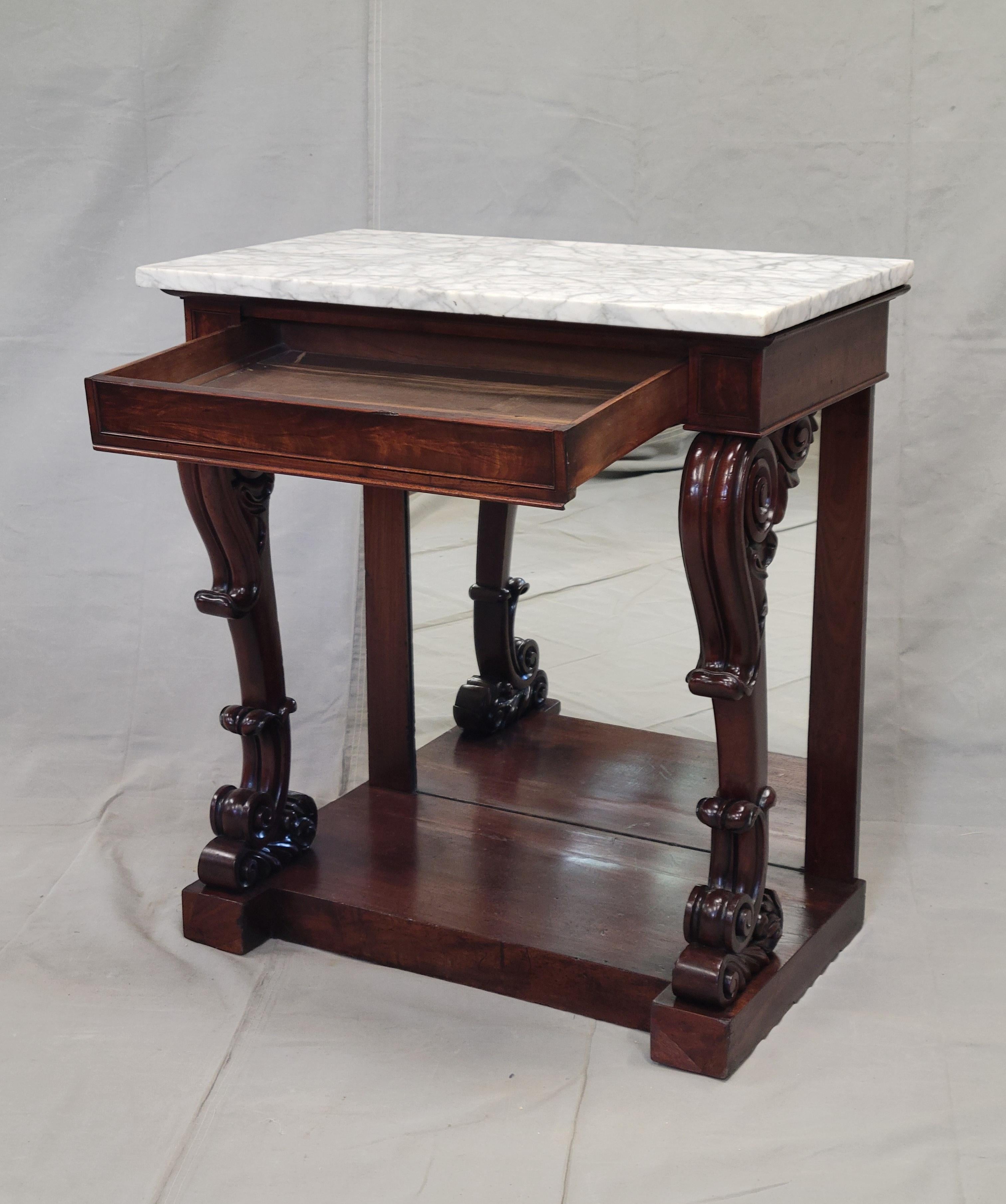 Victorian Antique 19th Century Mahogany Console Table With Carrara Marble Top For Sale