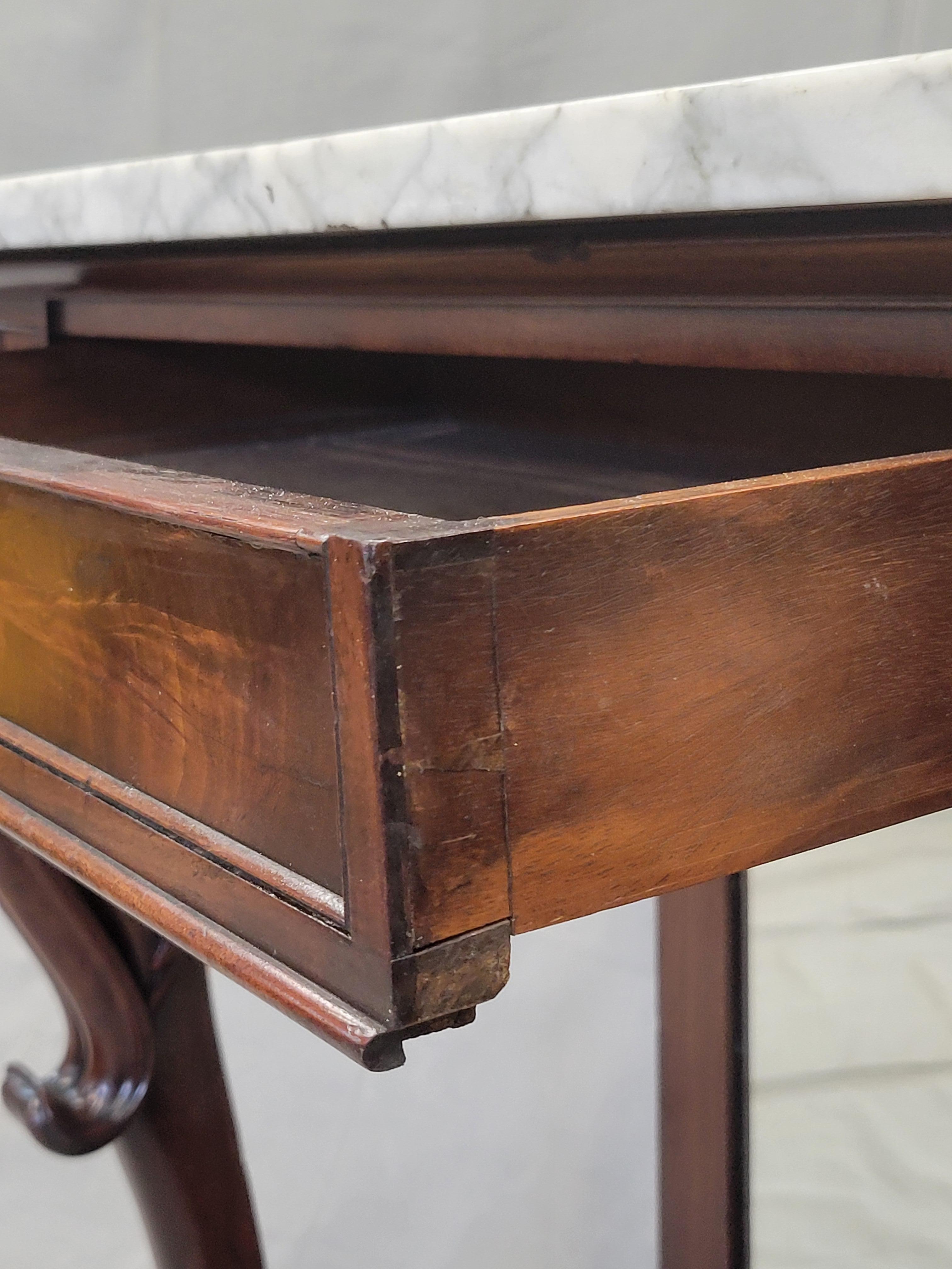 Hand-Crafted Antique 19th Century Mahogany Console Table With Carrara Marble Top For Sale