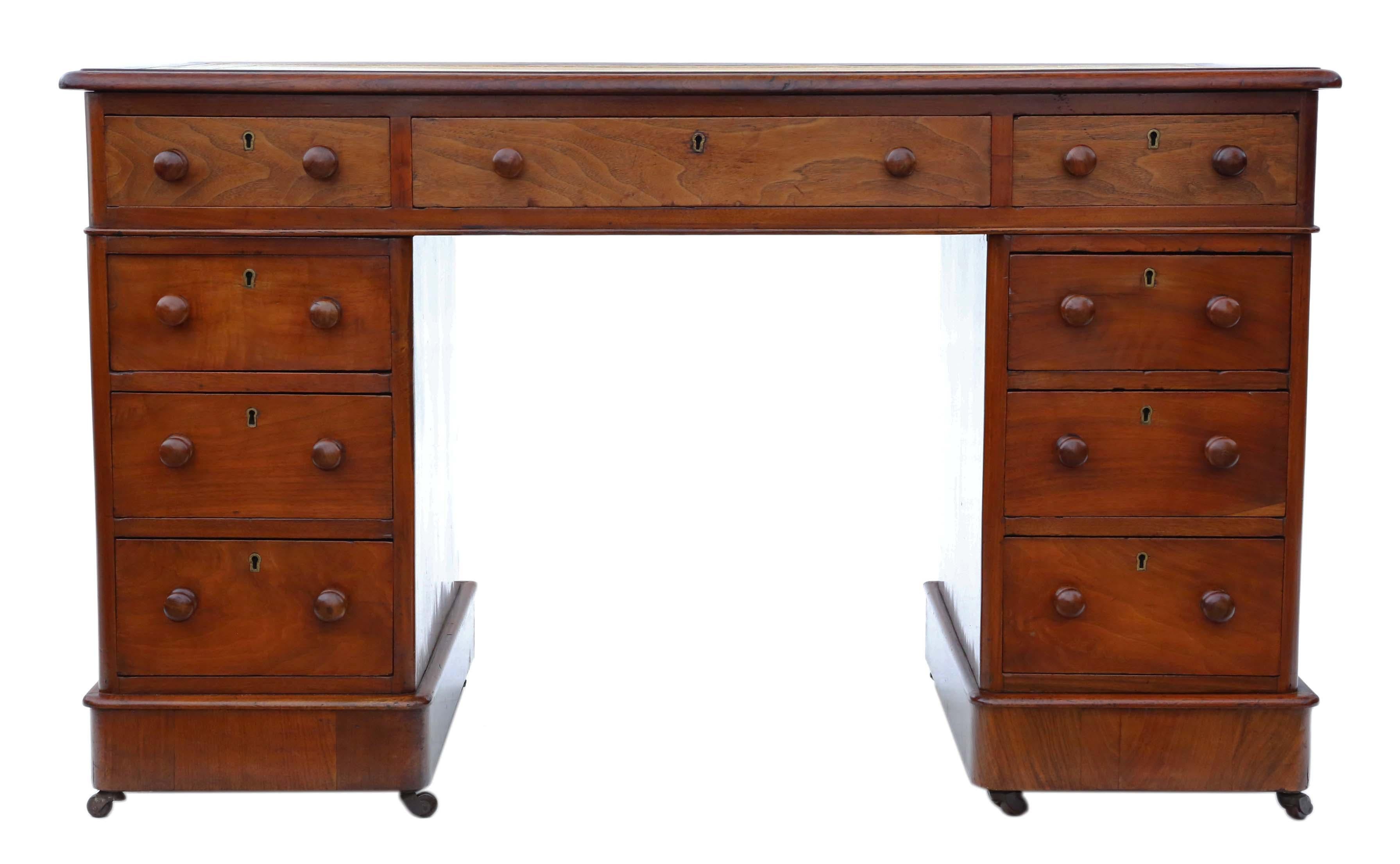 Antique quality Victorian mahogany desk, writing or dressing table with twin pedestals.

This is a lovely piece, that is full of age, charm and character. Stands on ceramic castors.

Beautifully patinated tooled leather writing