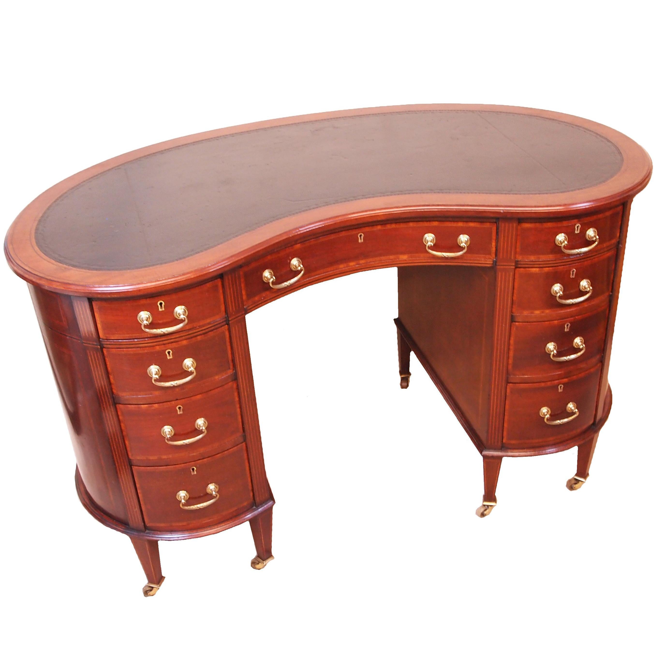 20th Century English Flame Mahogany Kidney Shaped Writing Table At
