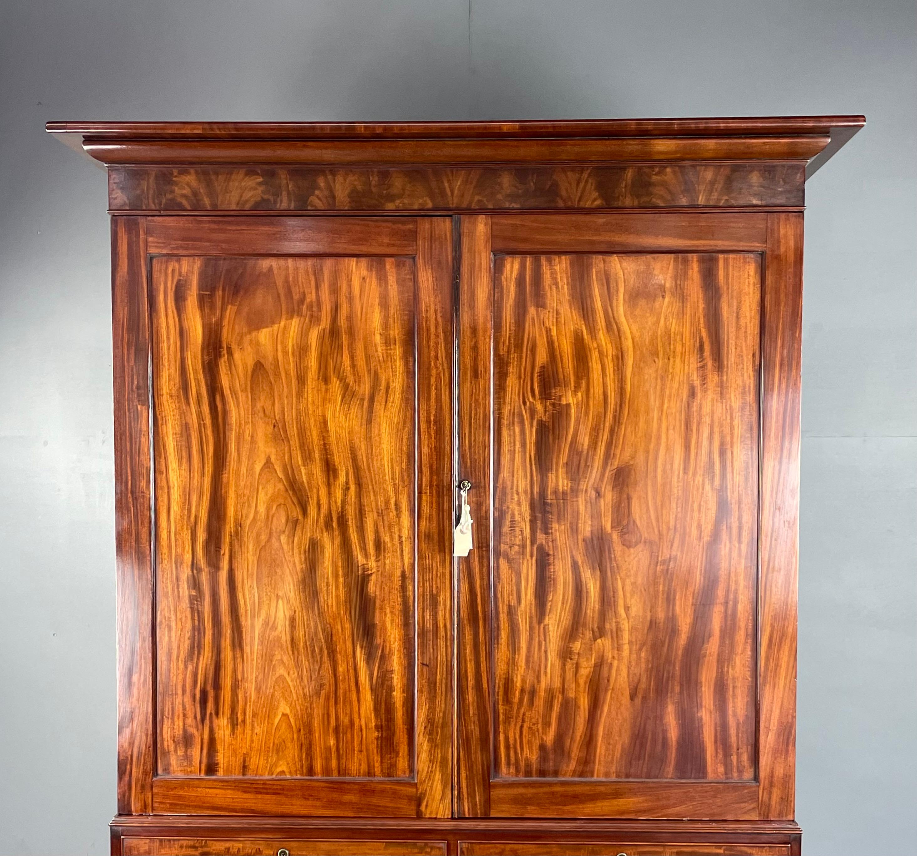 English Antique 19th century mahogany linen press wardrobe armoire  For Sale