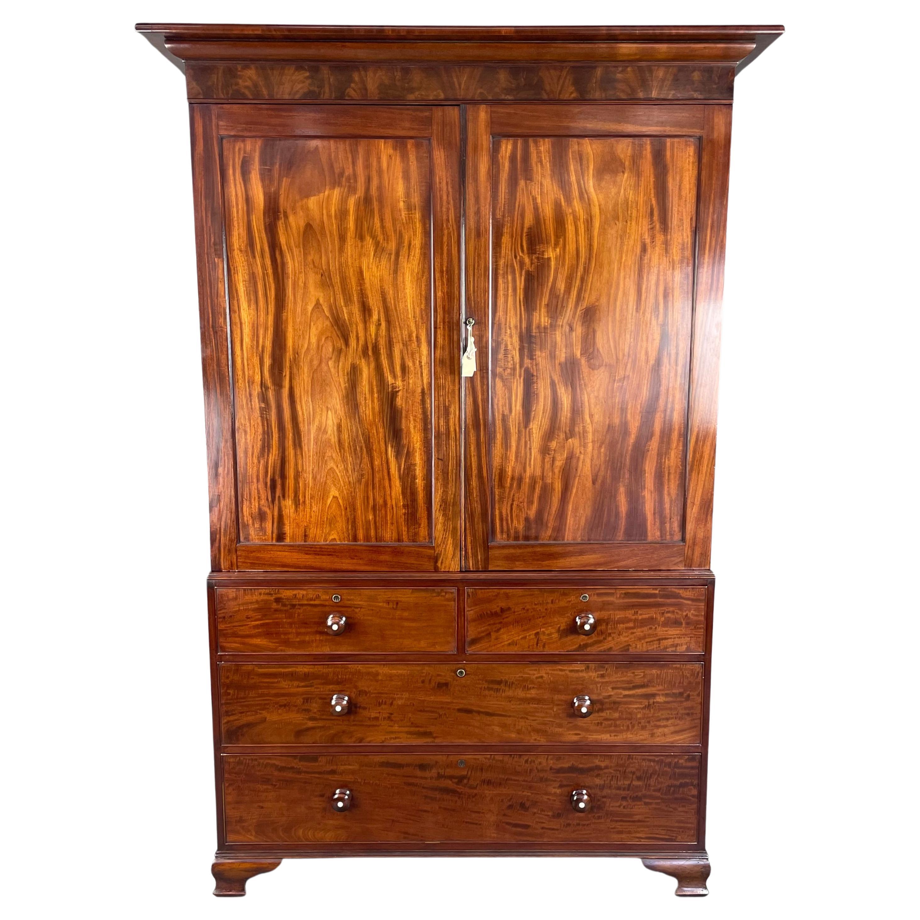Antique 19th century mahogany linen press wardrobe armoire  For Sale